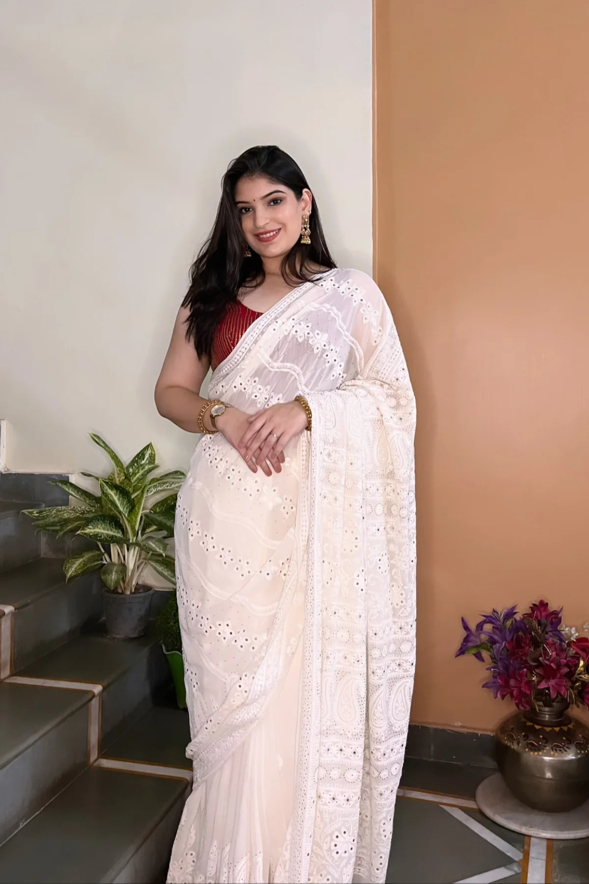 Arsh Handcrafted Pure Georgette Chadi Half Jaal Embroidered Saree - Image 3