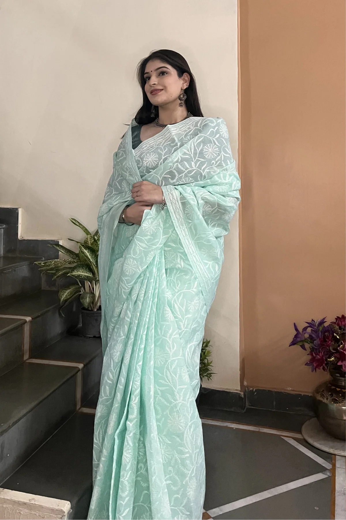 Arsh Handcrafted Georgette All Over Chikan Tepchi Embroidered Saree - Image 3