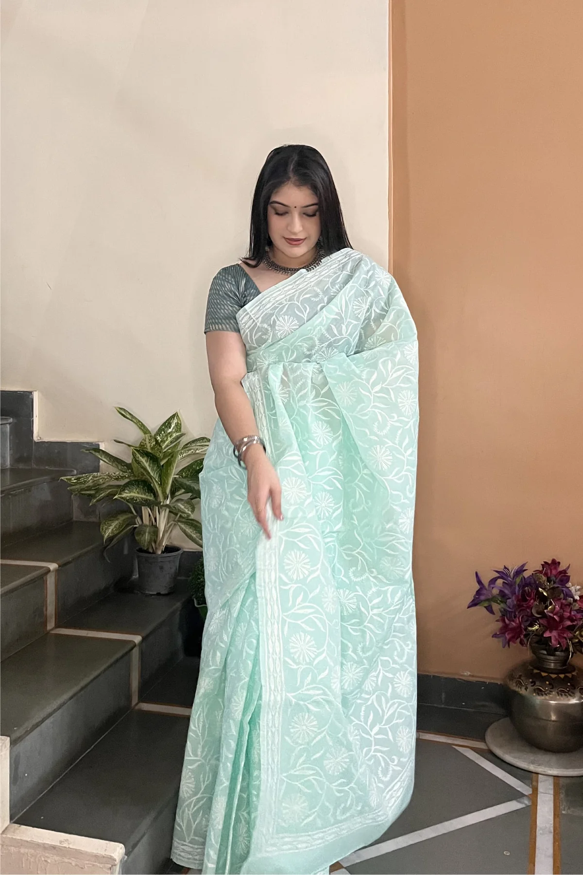 Arsh Handcrafted Georgette All Over Chikan Tepchi Embroidered Saree - Image 4