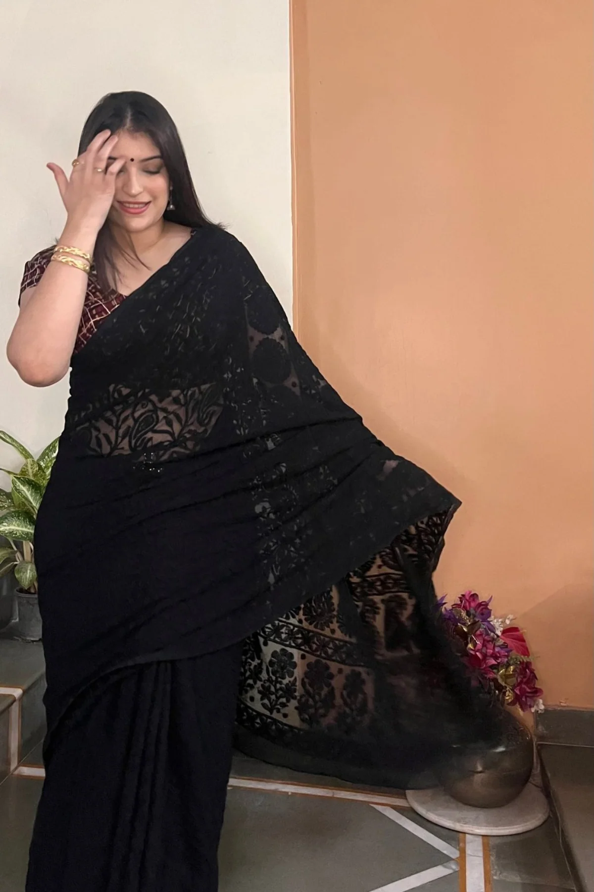 Arsh Handcrafted Georgette All Over Chikan Black Embroidered Saree
