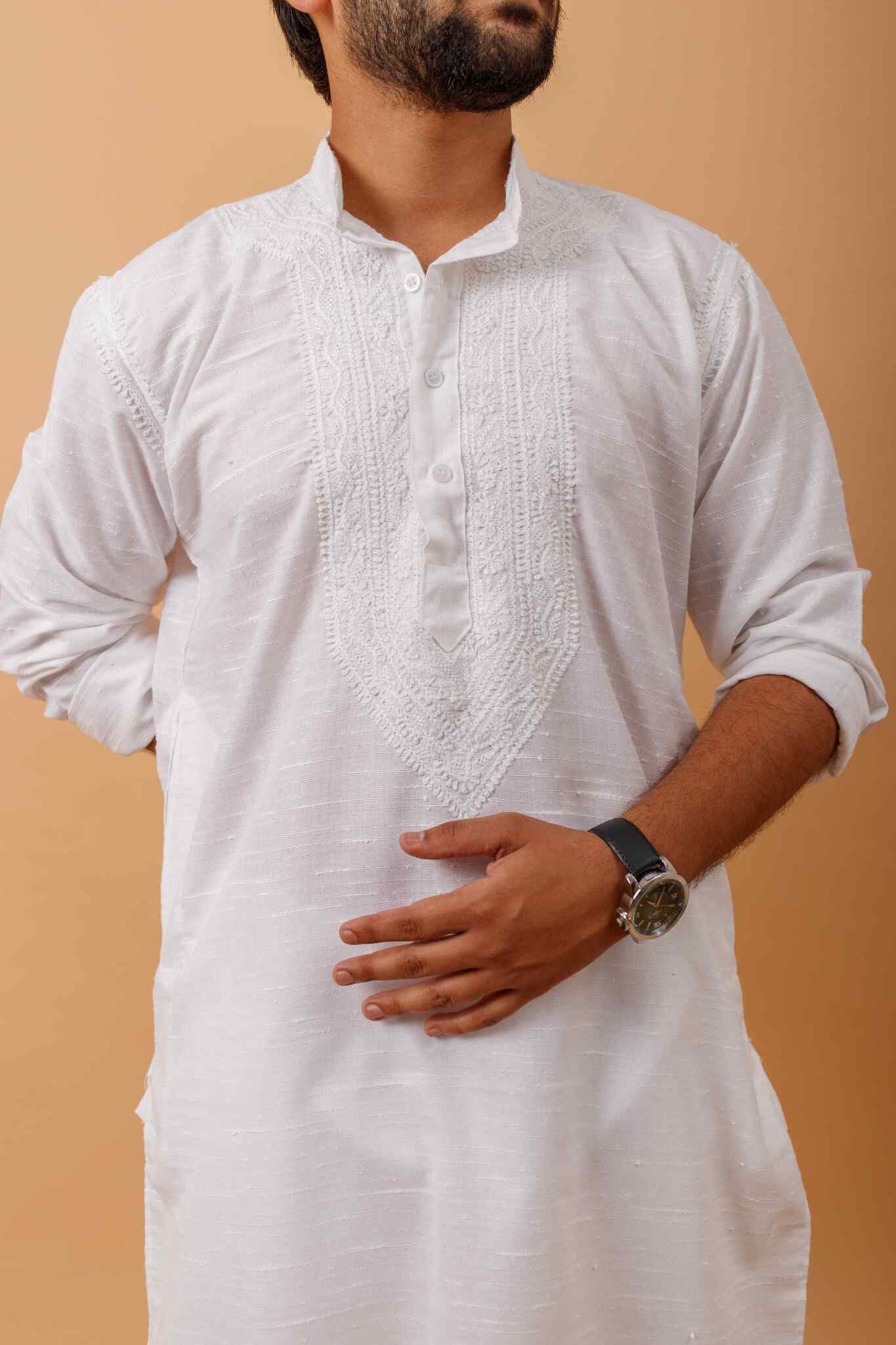 Arsh Handcrafted White Neck Embroidered Jute Cotton Men's Kurta - Image 2