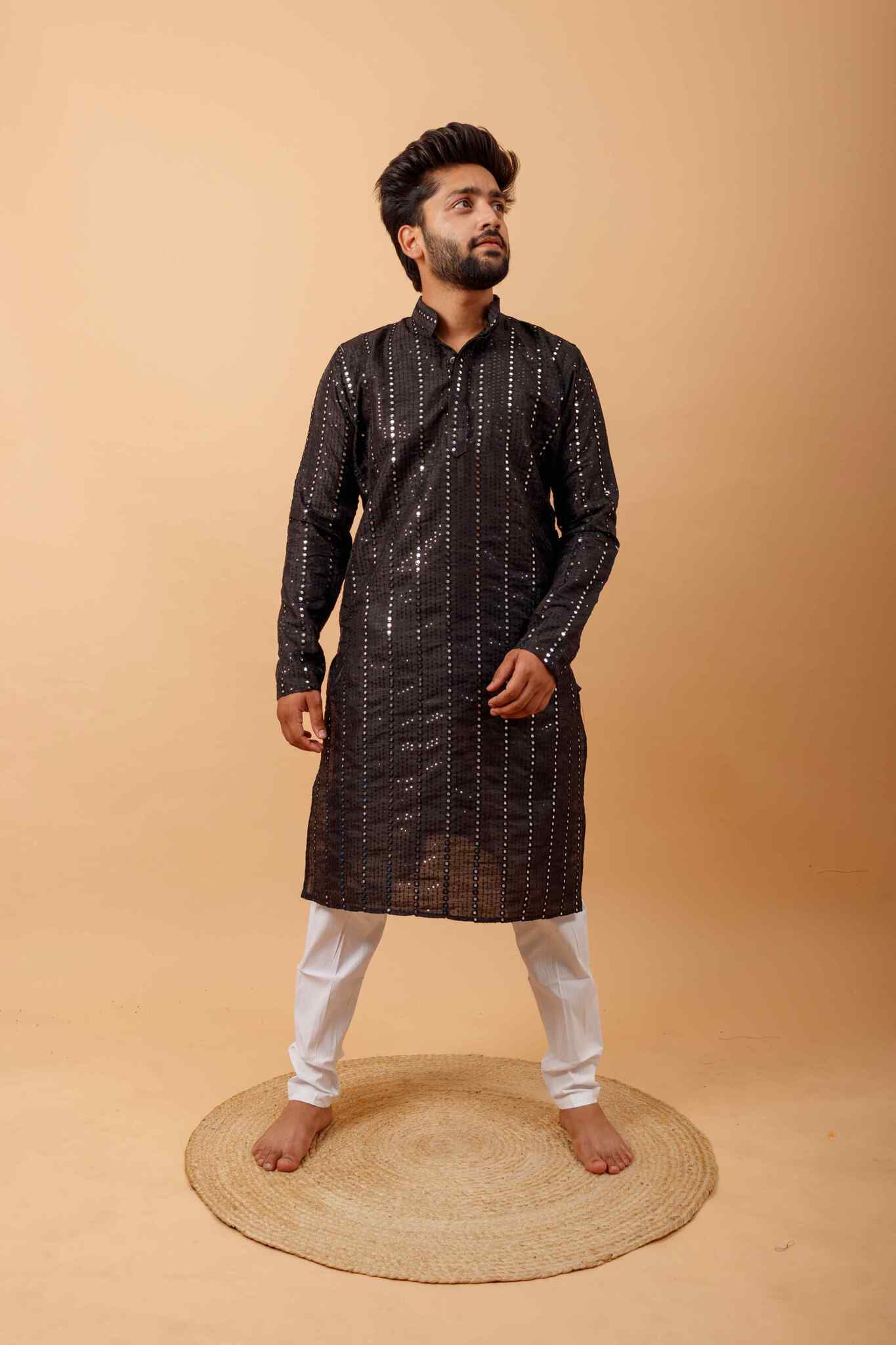 Arsh Black All Over Embroidered With Mirror Work Men's Kurta - Image 2
