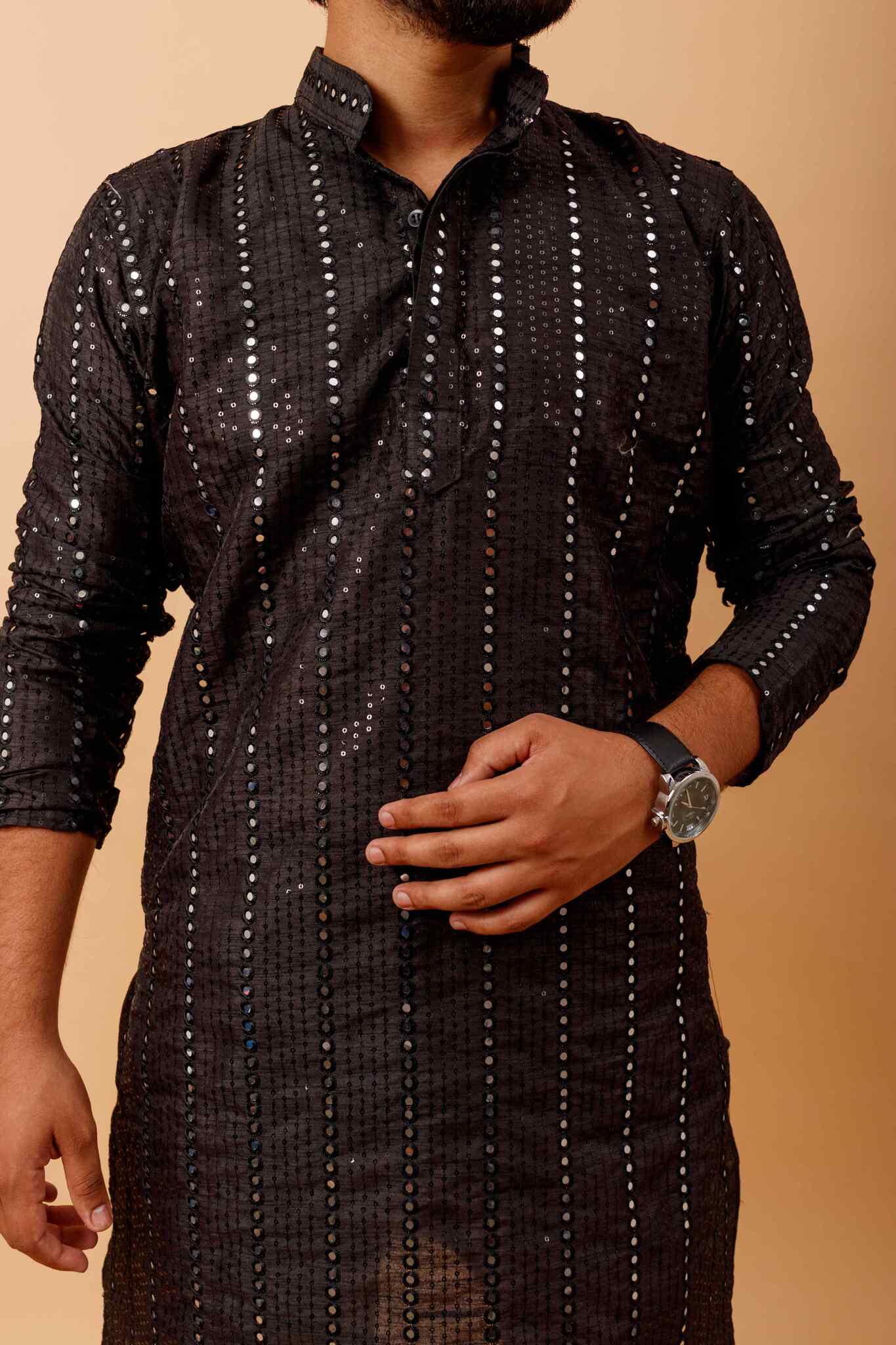 Arsh Black All Over Embroidered With Mirror Work Men's Kurta - Image 3