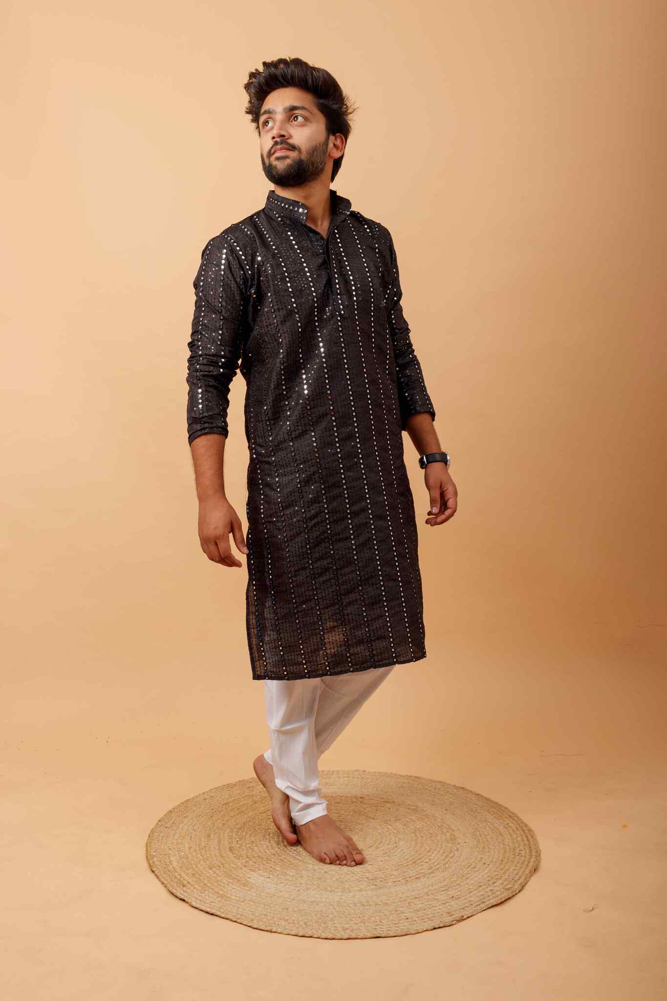 Arsh Black All Over Embroidered With Mirror Work Men's Kurta - Image 5