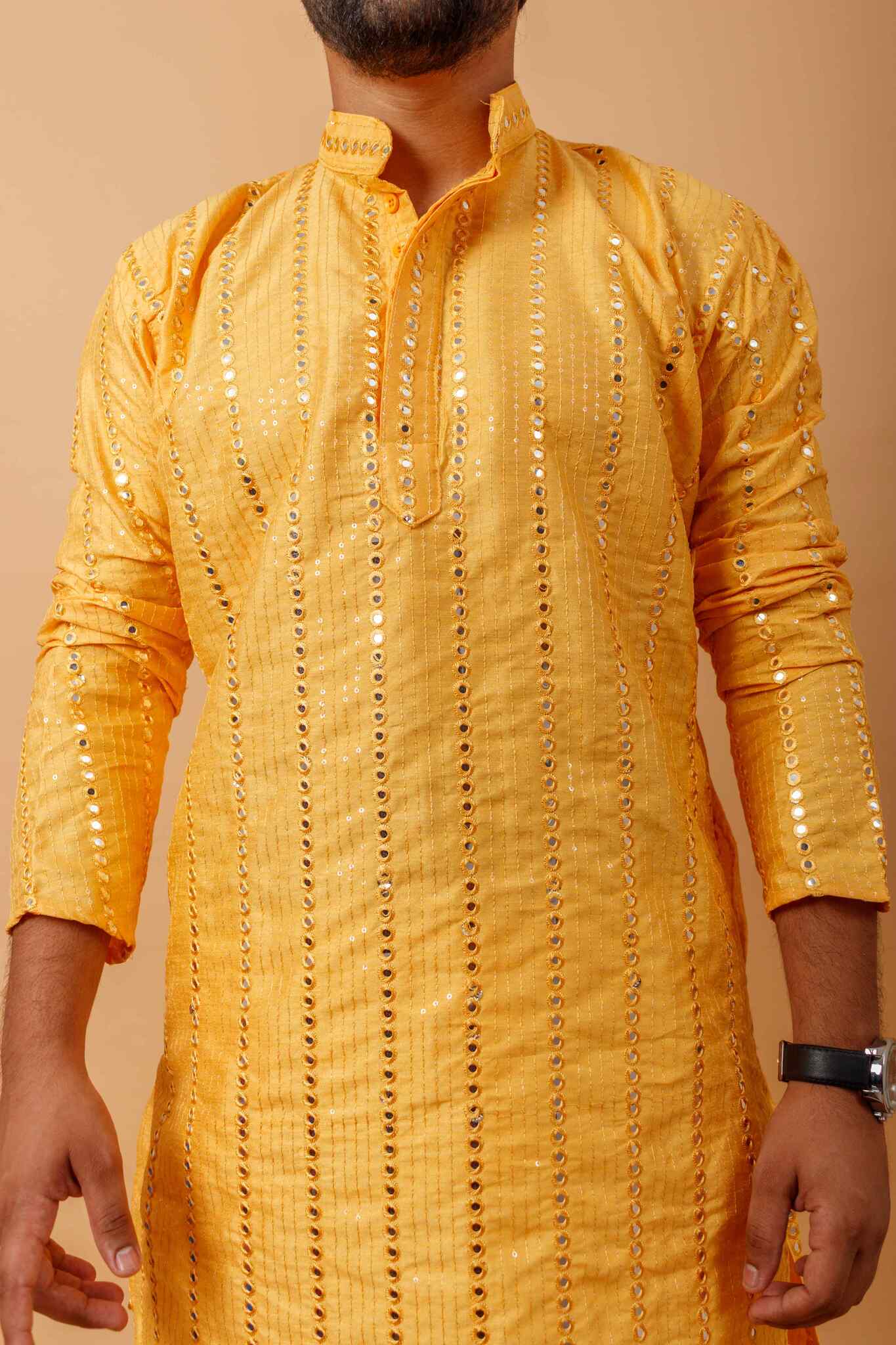 Arsh Golden Yellow All Over Embroidered With Mirror Work Men's Kurta - Image 2