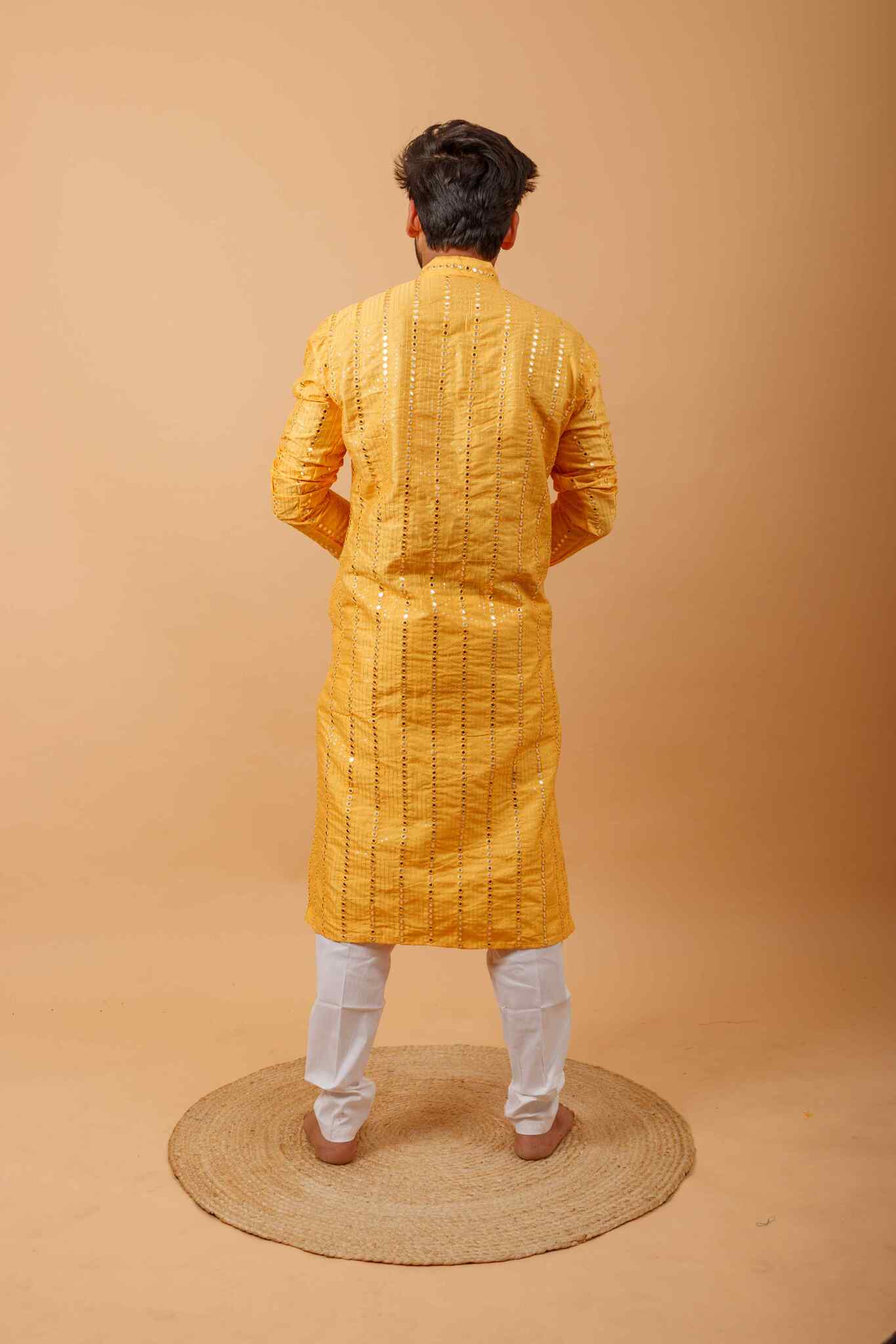 Arsh Golden Yellow All Over Embroidered With Mirror Work Men's Kurta - Image 3