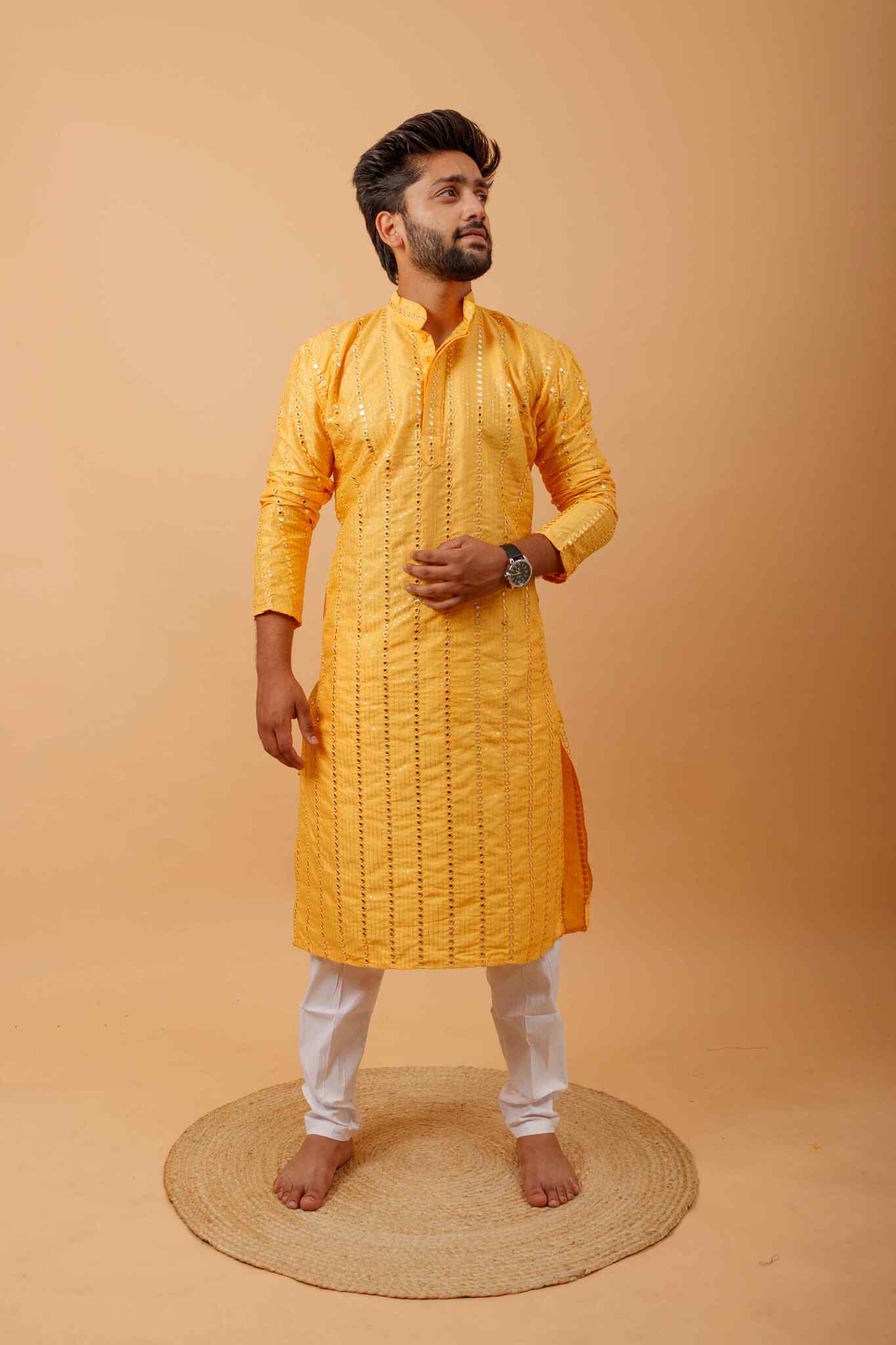 Arsh Golden Yellow All Over Embroidered With Mirror Work Men's Kurta - Image 4