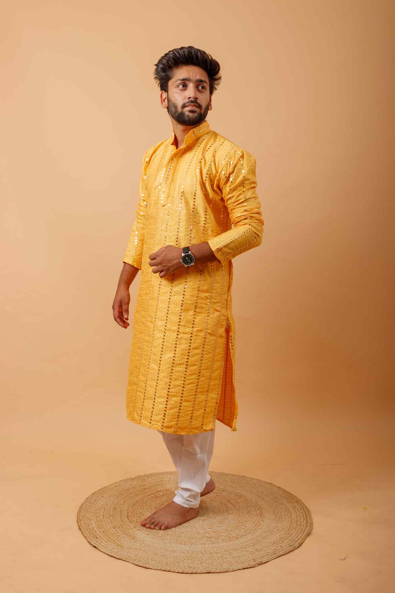 Arsh Golden Yellow All Over Embroidered With Mirror Work Men's Kurta - Image 5