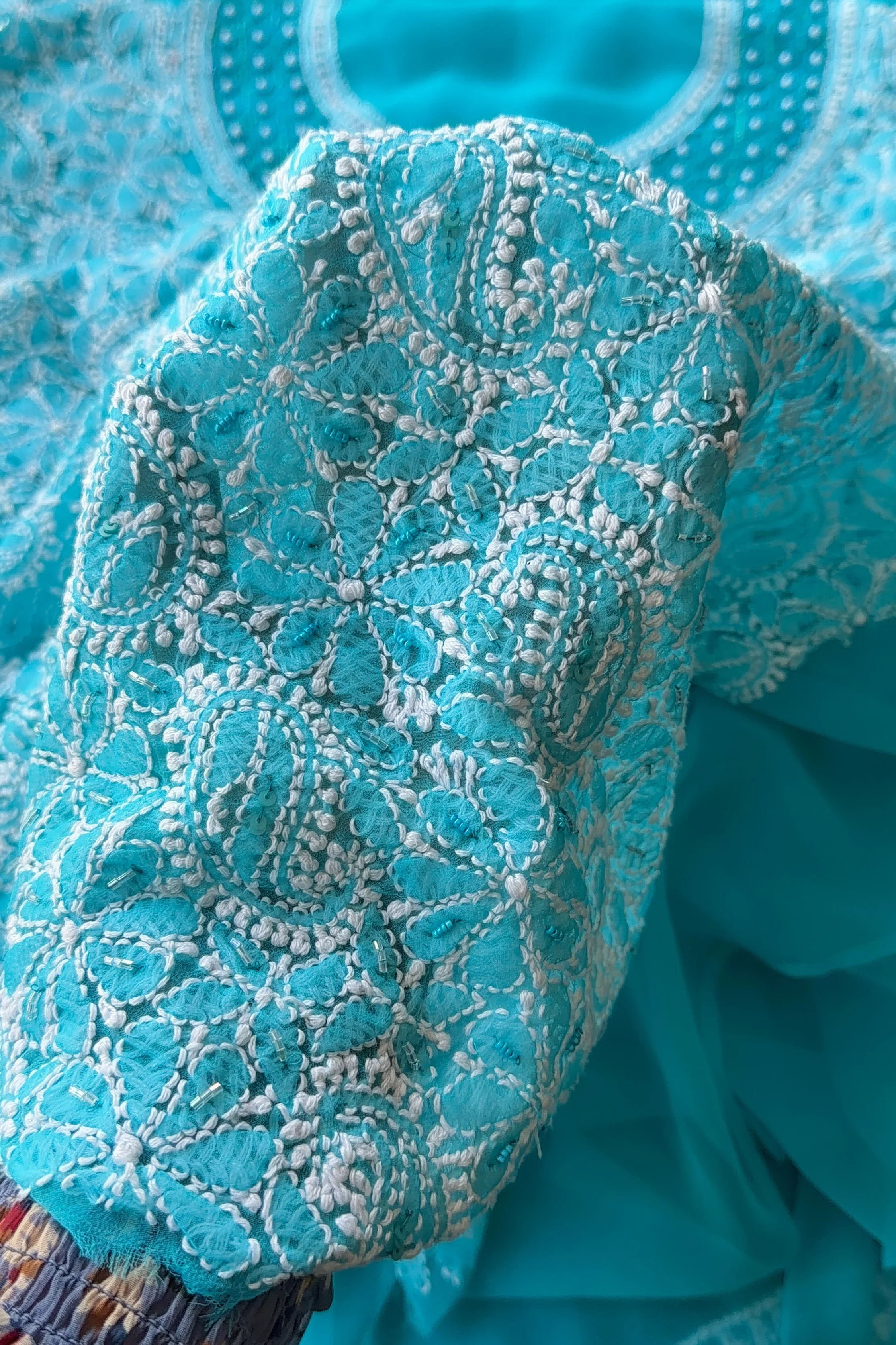 Arsh Hand Embroidered Aqua Blue Chikankari Unstitched Suit Set - Image 3