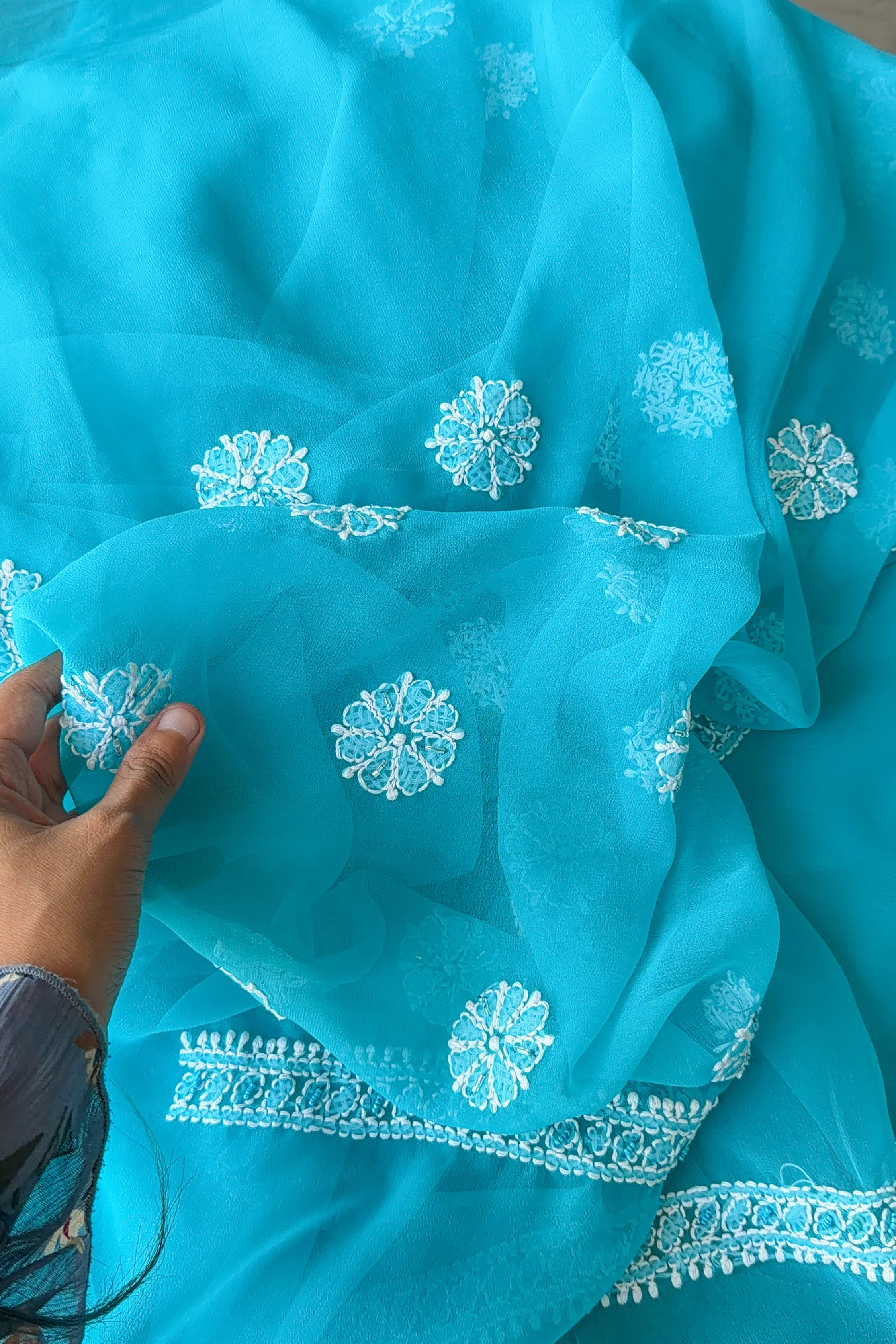 Arsh Hand Embroidered Aqua Blue Chikankari Unstitched Suit Set - Image 4