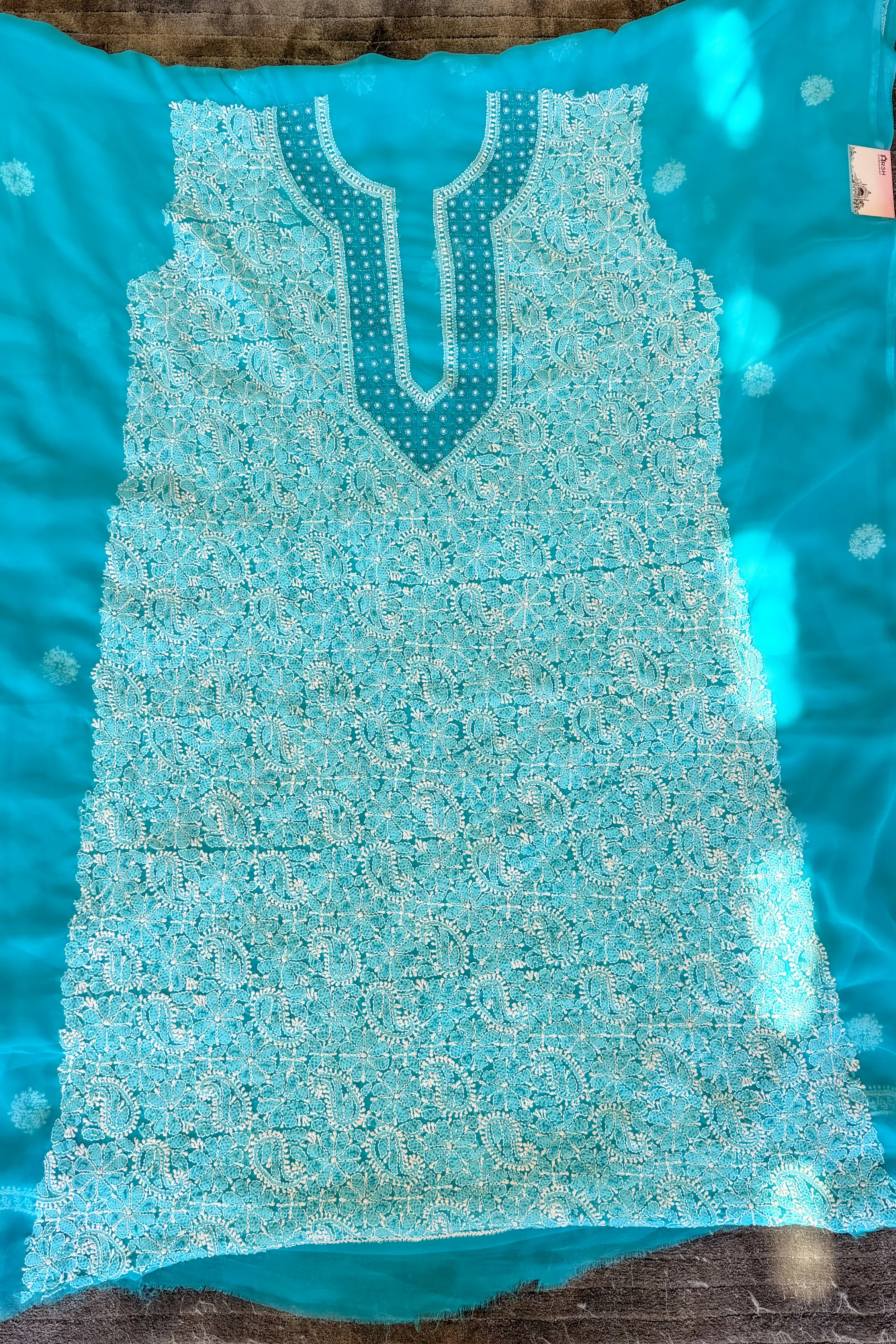 Arsh Hand Embroidered Aqua Blue Chikankari Unstitched Suit Set - Image 5