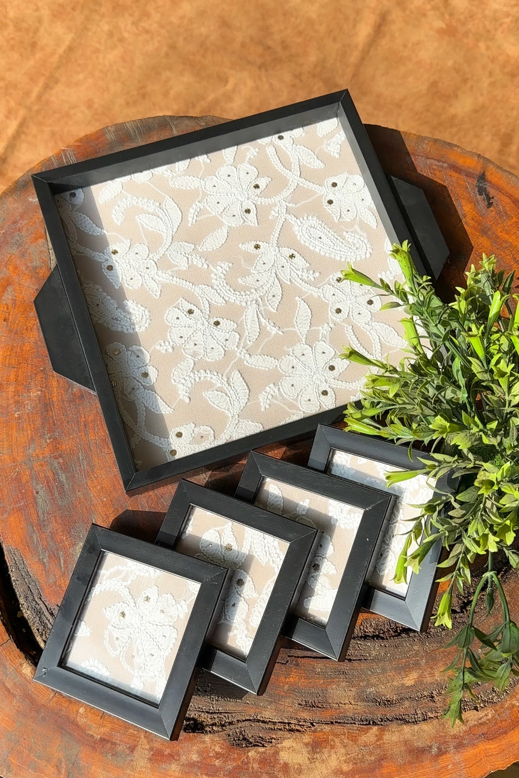 Arsh Hand Embroidered Chikankari Tray & Coaster Set - Image 3