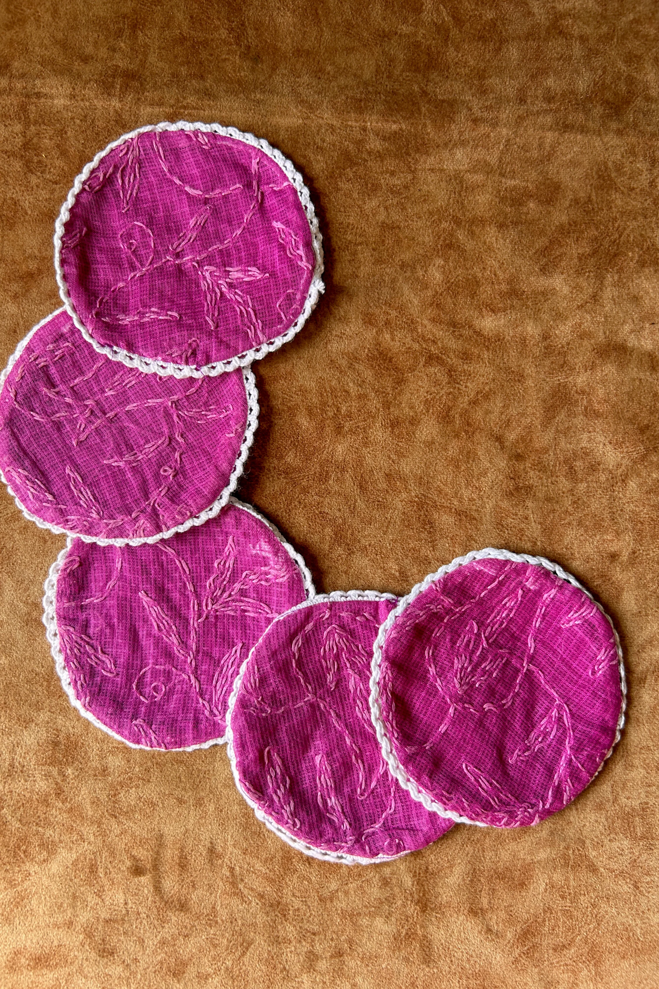 Arsh Hand Embroidered Round Coasters 13 cm, Cotton, Set of 6 in Magenta Pink - Image 2
