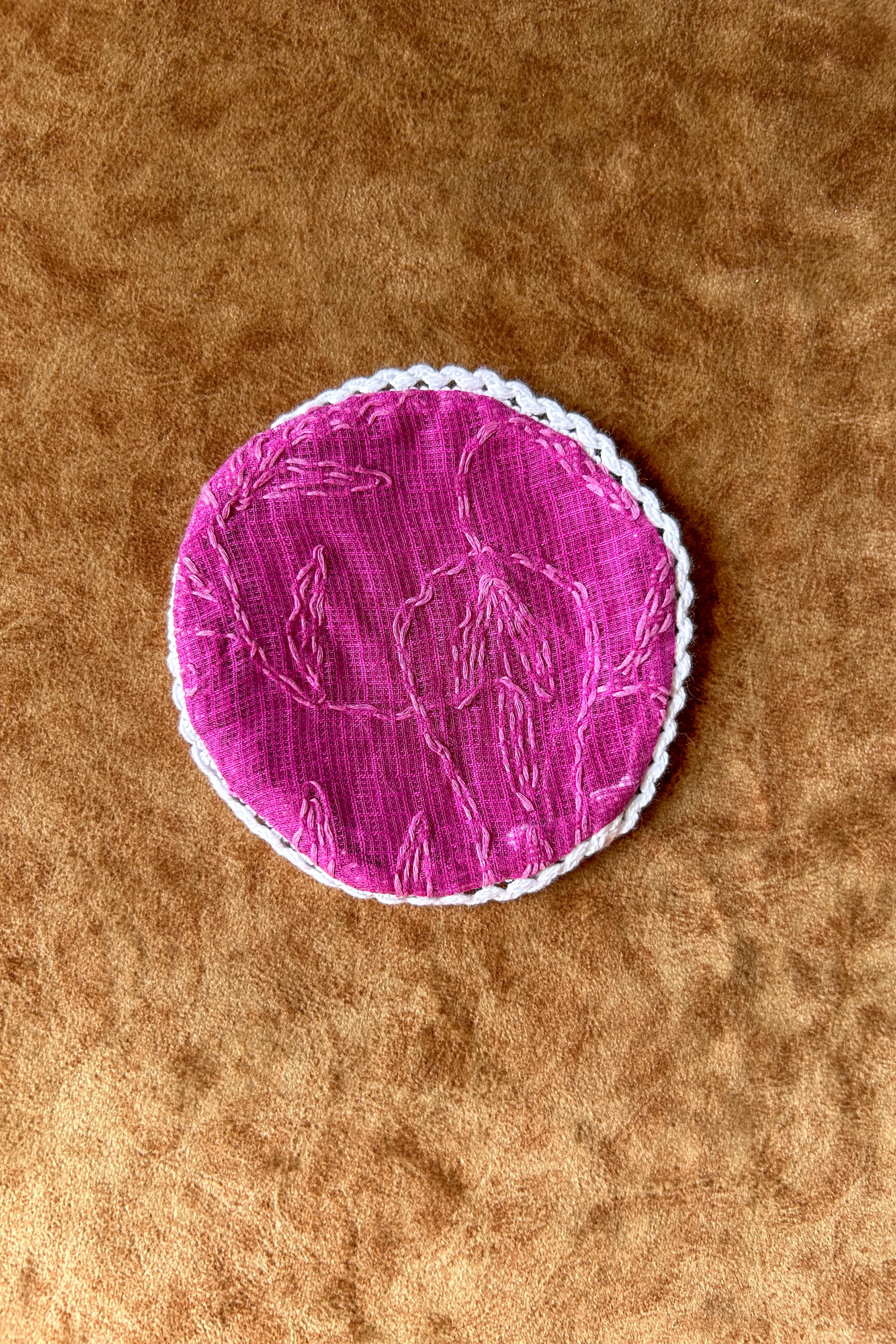 Arsh Hand Embroidered Round Coasters 13 cm, Cotton, Set of 6 in Magenta Pink - Image 3