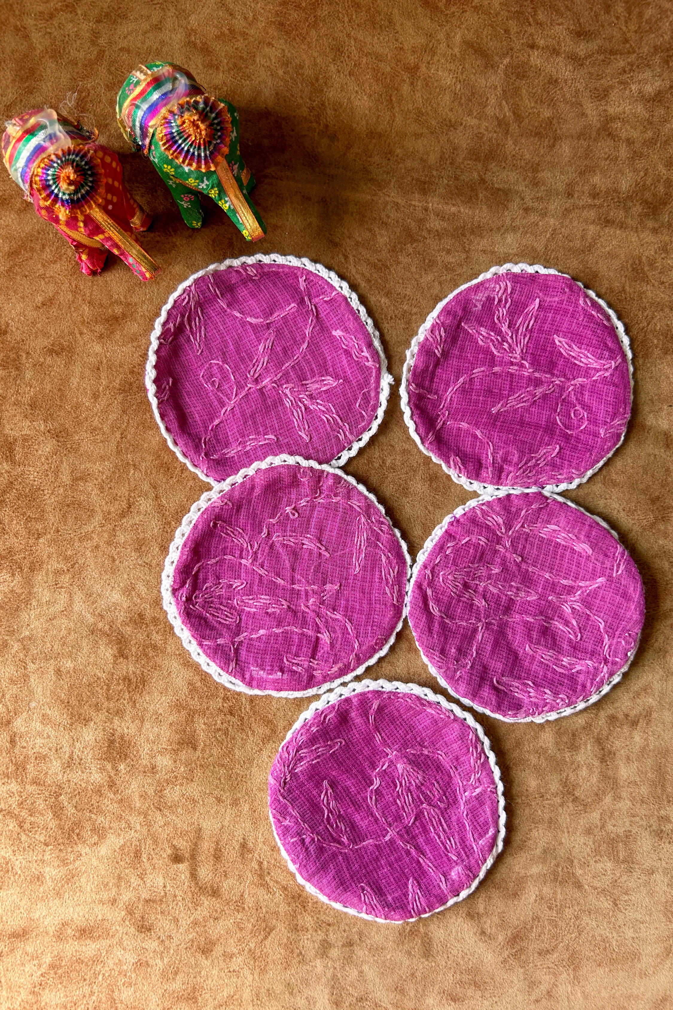 Arsh Hand Embroidered Round Coasters 13 cm, Cotton, Set of 6 in Magenta Pink - Image 4