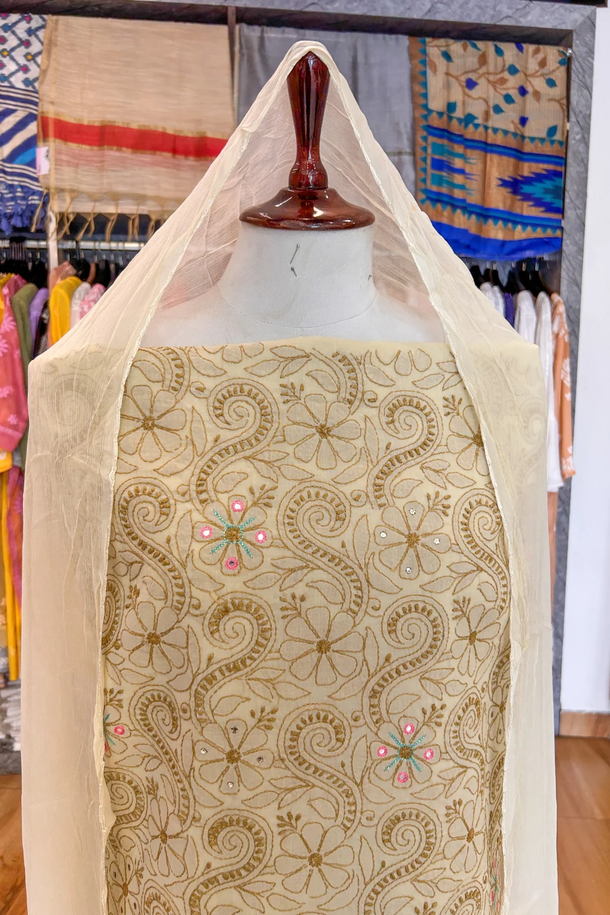 Arsh Handcrafted Almond Fawn Cotton Unstitched Chikankari 3pc Suit Set - Image 5