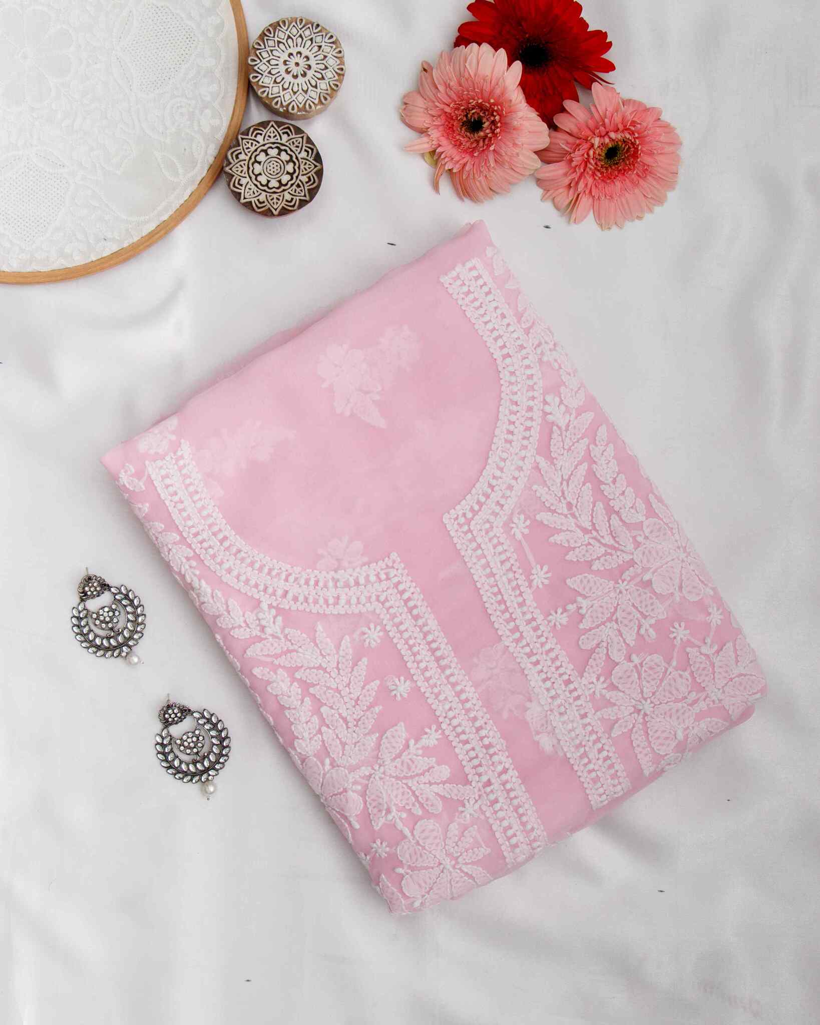 Arsh Handcrafted Baby Pink Georgette Unstitched Chikankari 3pc Suit - Image 3