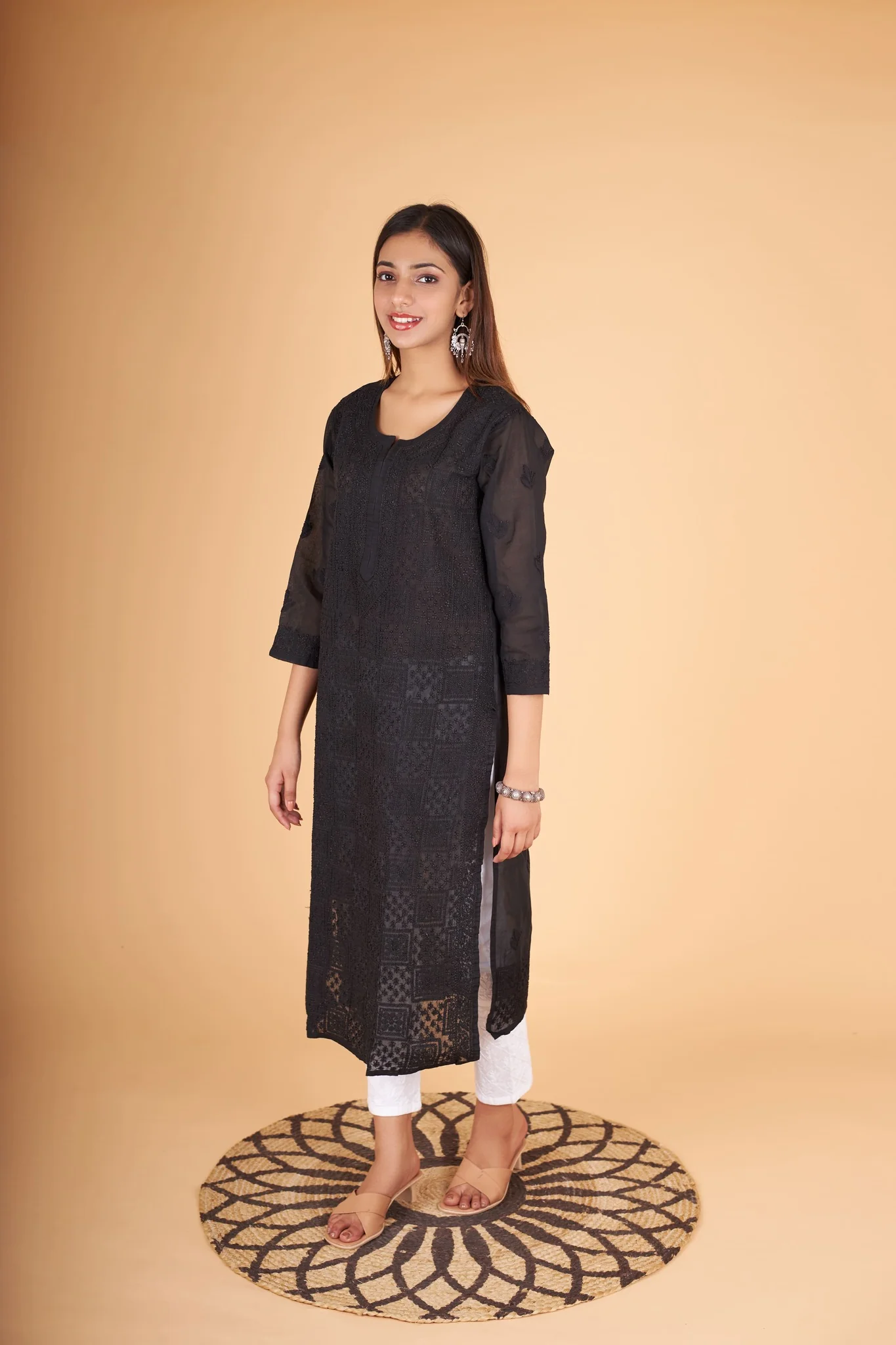 Arsh Handcrafted Black Front Jaal Pure Cotton Kurti - Image 3