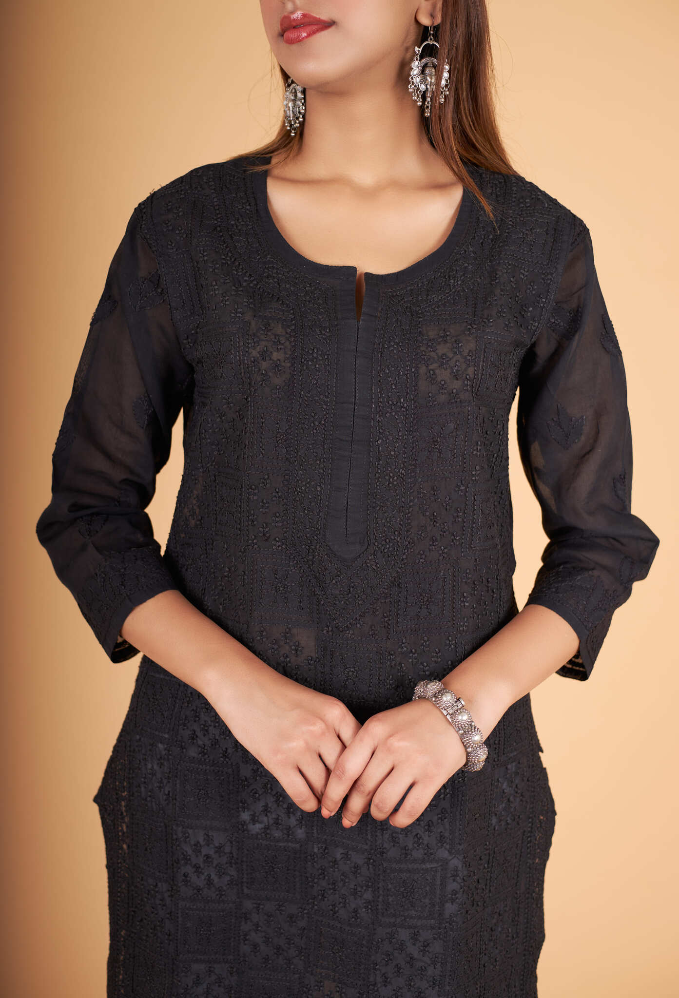 Arsh Handcrafted Black Front Jaal Pure Cotton Kurti - Image 4