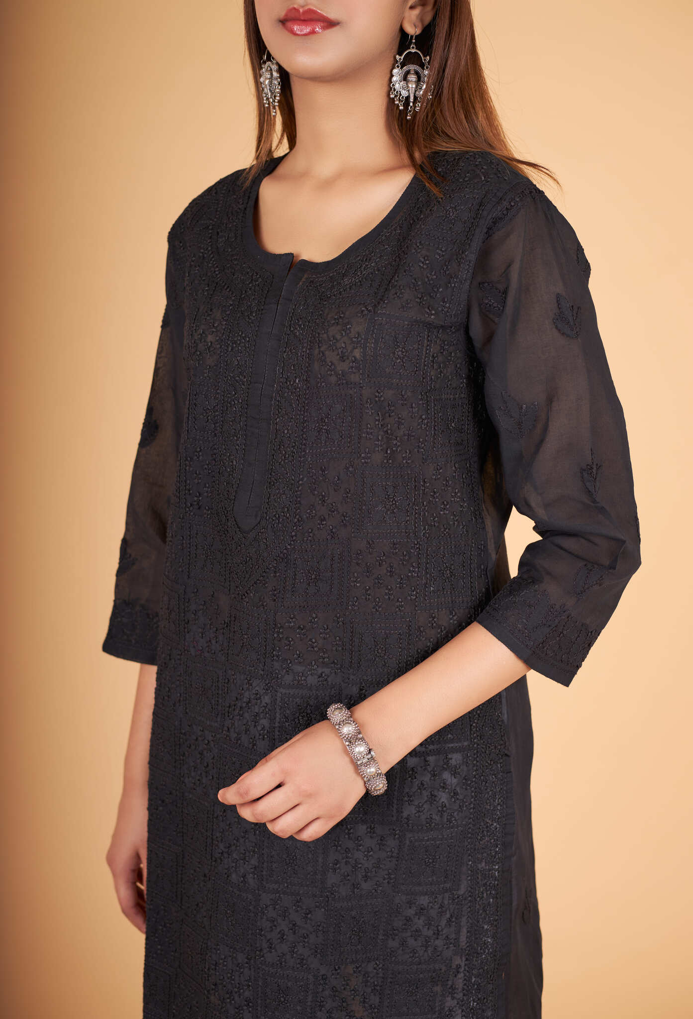 Arsh Handcrafted Black Front Jaal Pure Cotton Kurti - Image 5