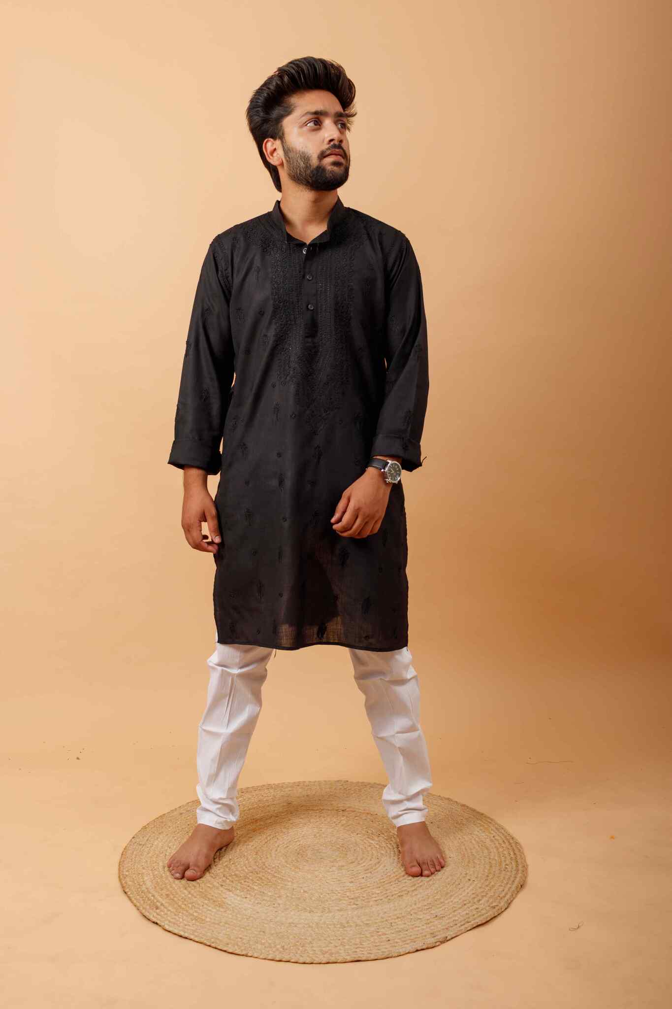 Arsh Handcrafted Black Gala Booti Pure Cotton Men's Kurta - Image 2