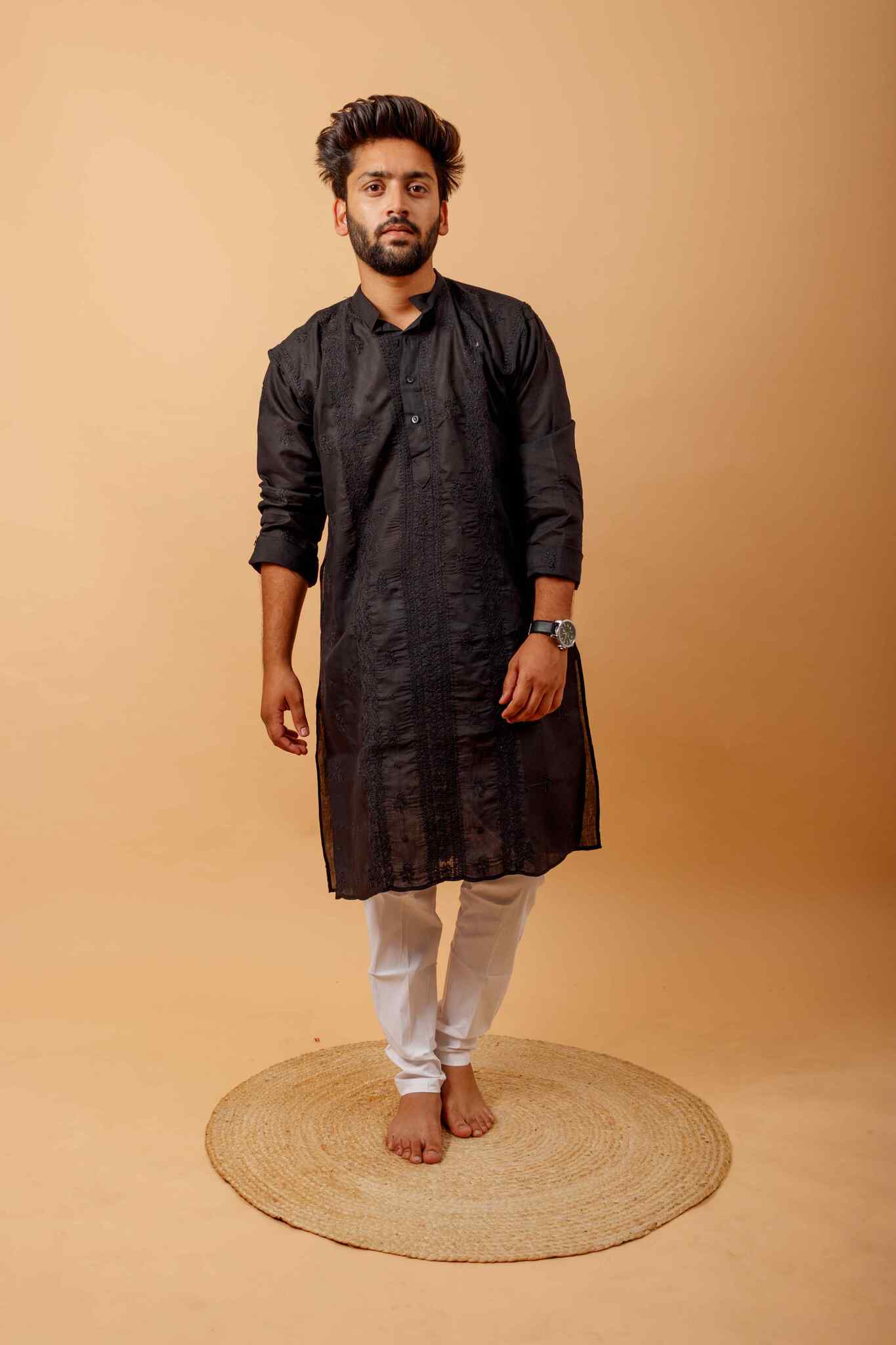 Arsh Handcrafted Black Heavy Chadi Embroidered Pure Cotton Men's Kurta - Image 4