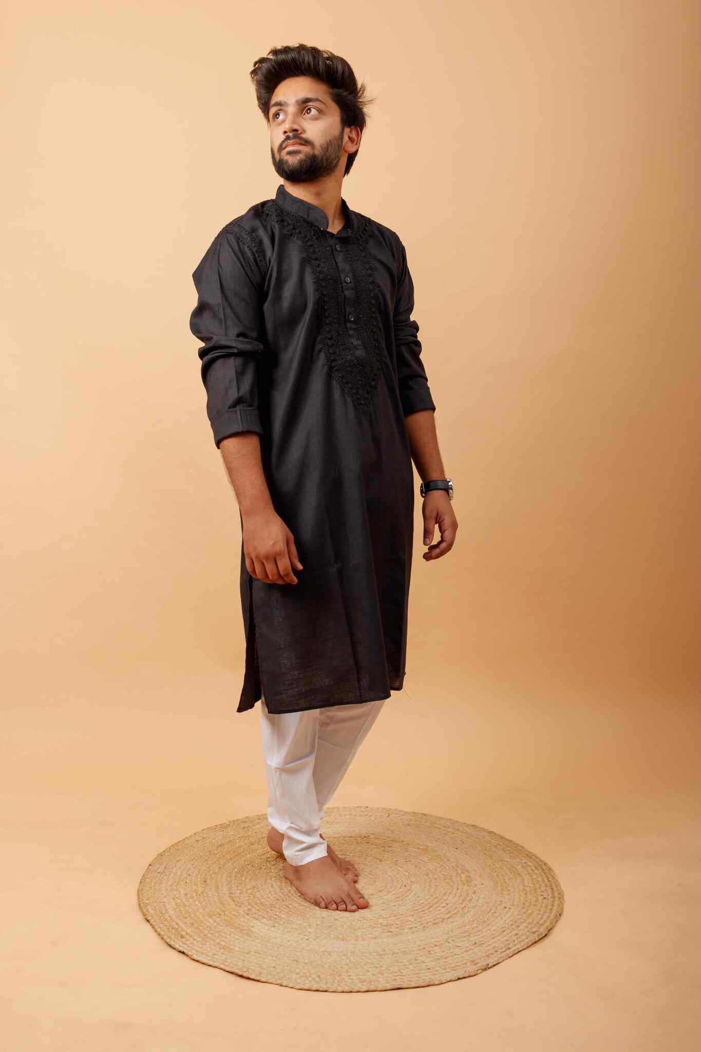 Arsh Handcrafted Black Neck Embroidered Pure Cotton Men's Kurta - Image 4