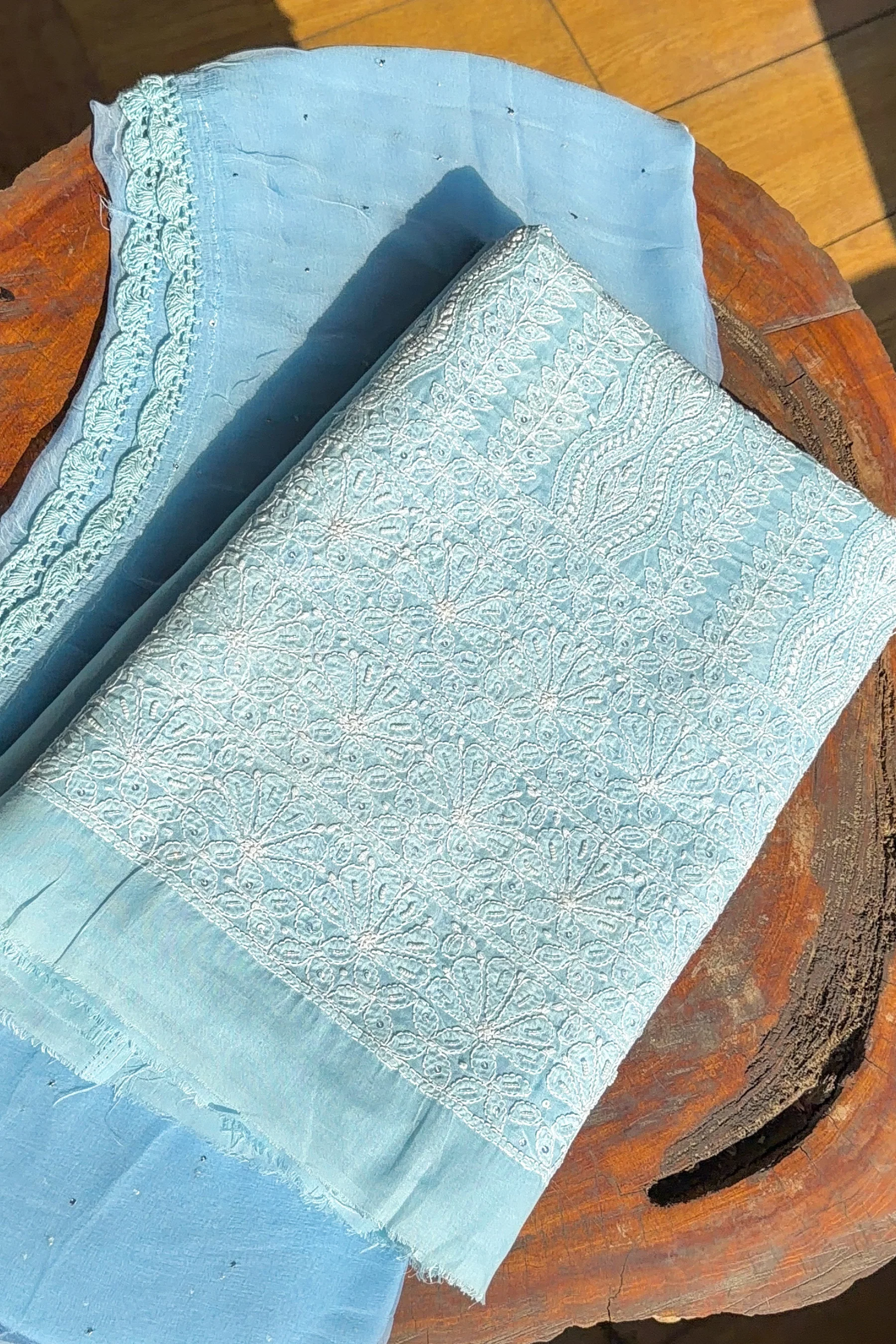 Arsh Handcrafted Blue Cotton Unstitched Chikankari 3pc Suit - Image 4