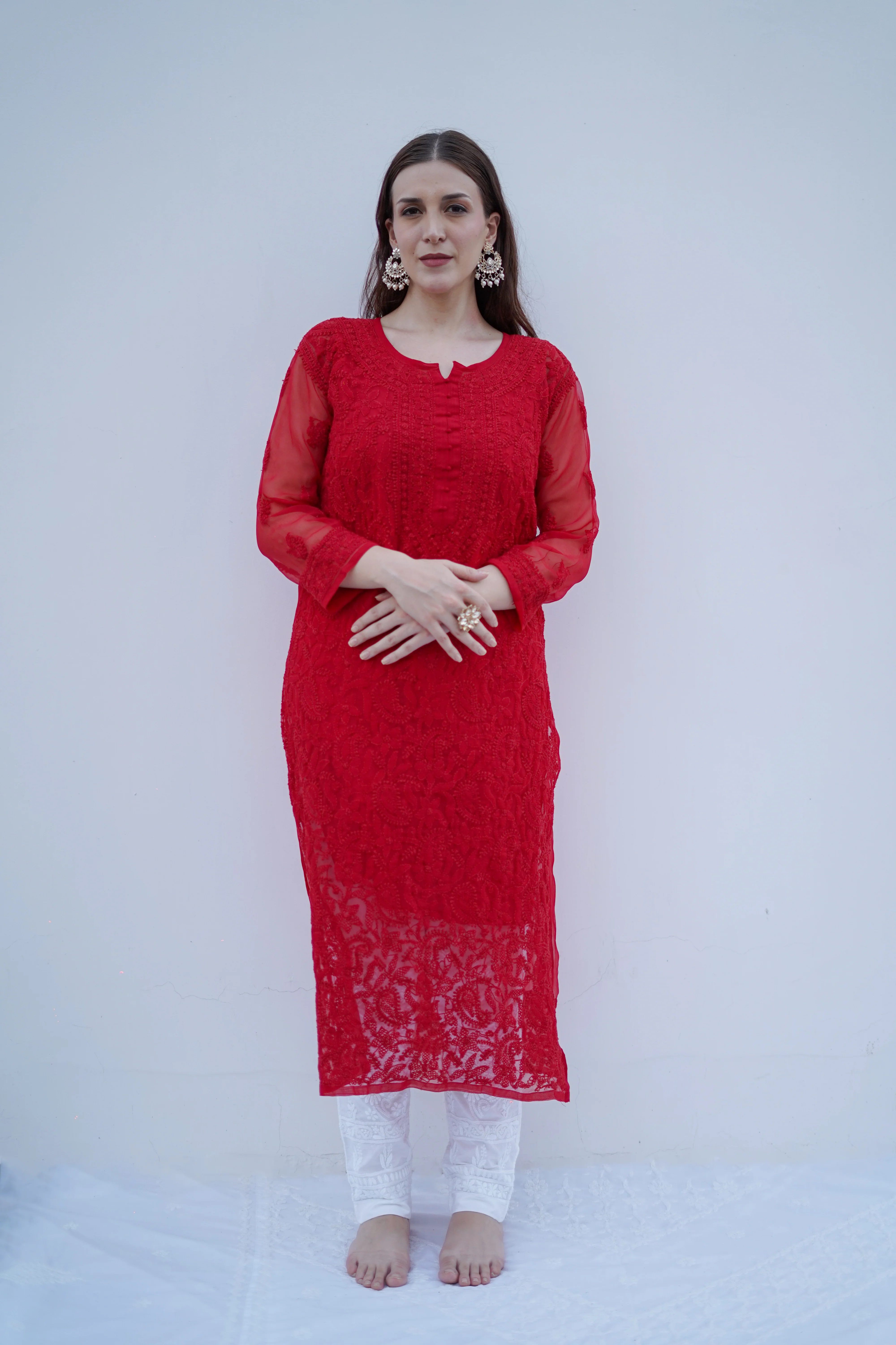 Arsh Handcrafted Red Semi Georgette Chikan Kurti - Image 2