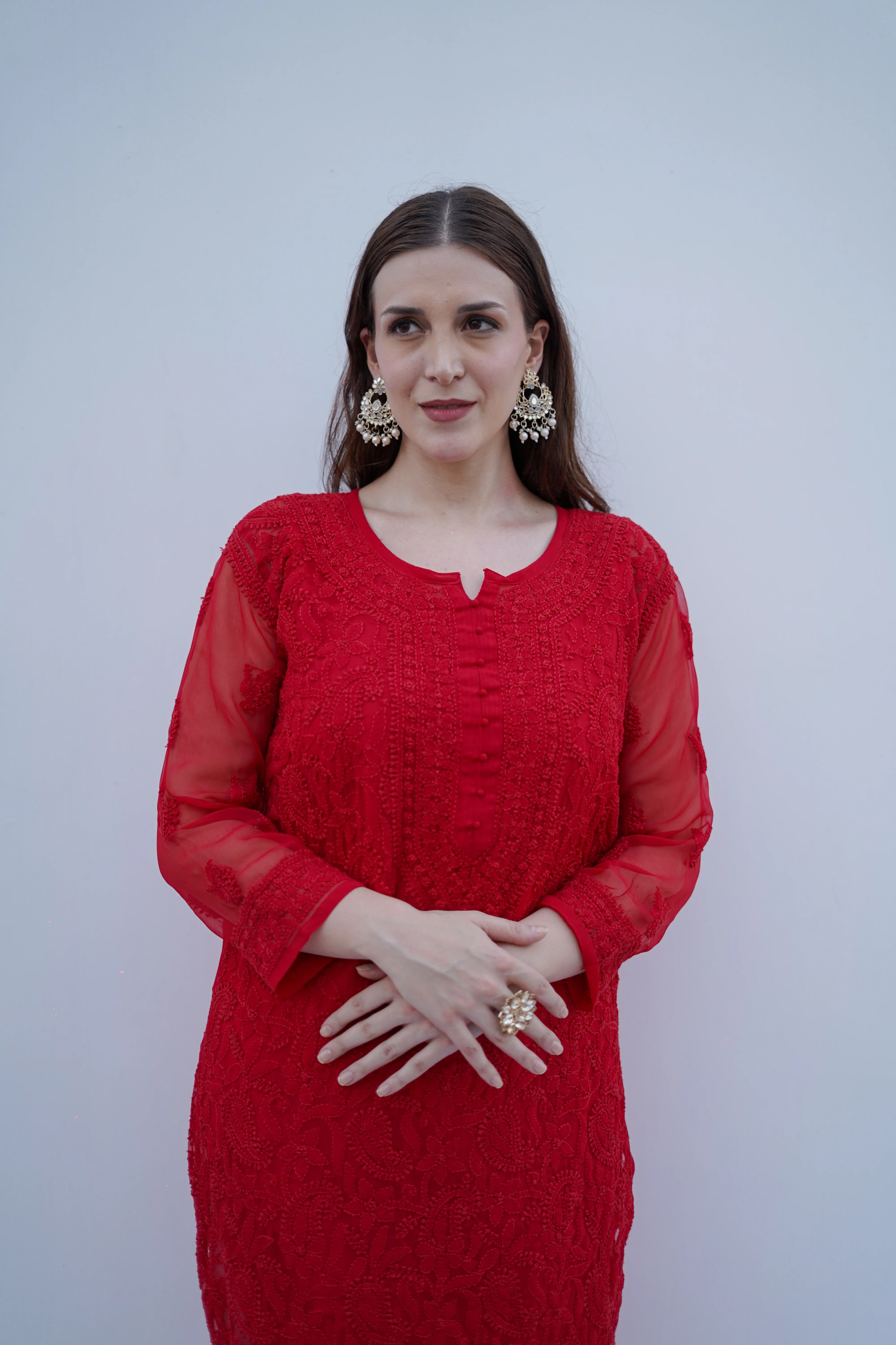 Arsh Handcrafted Red Semi Georgette Chikan Kurti - Image 3