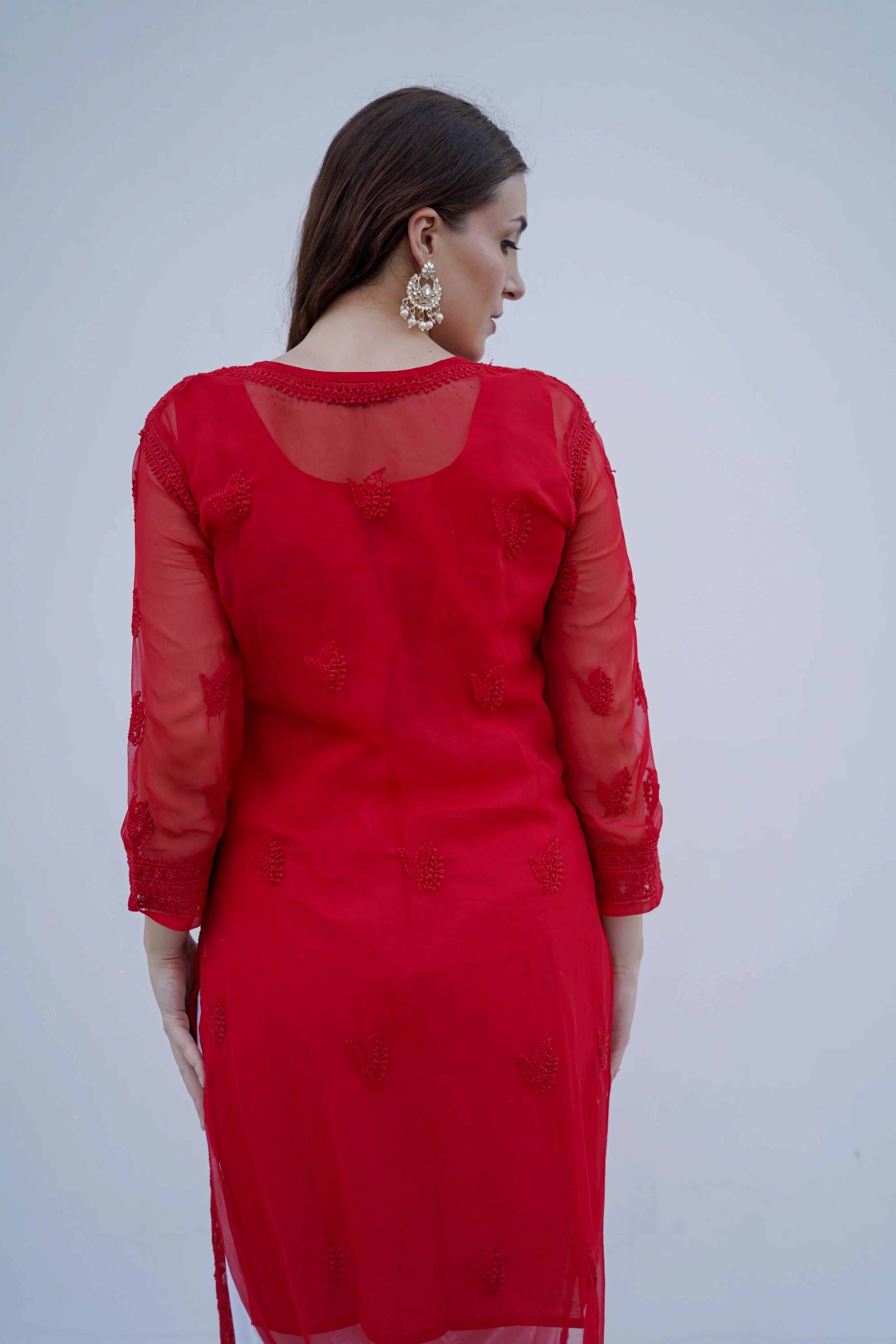 Arsh Handcrafted Red Semi Georgette Chikan Kurti - Image 4