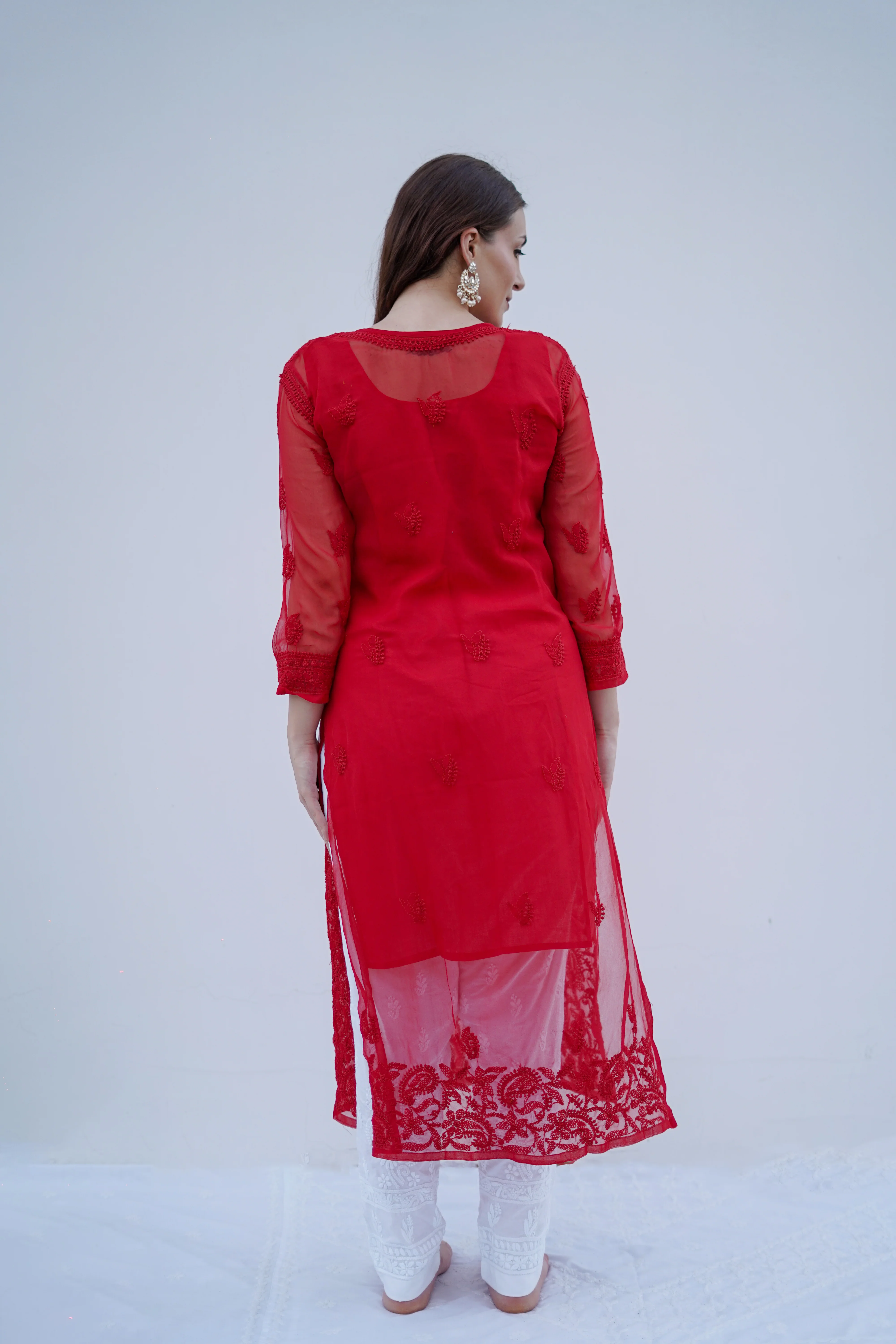 Arsh Handcrafted Red Semi Georgette Chikan Kurti - Image 5