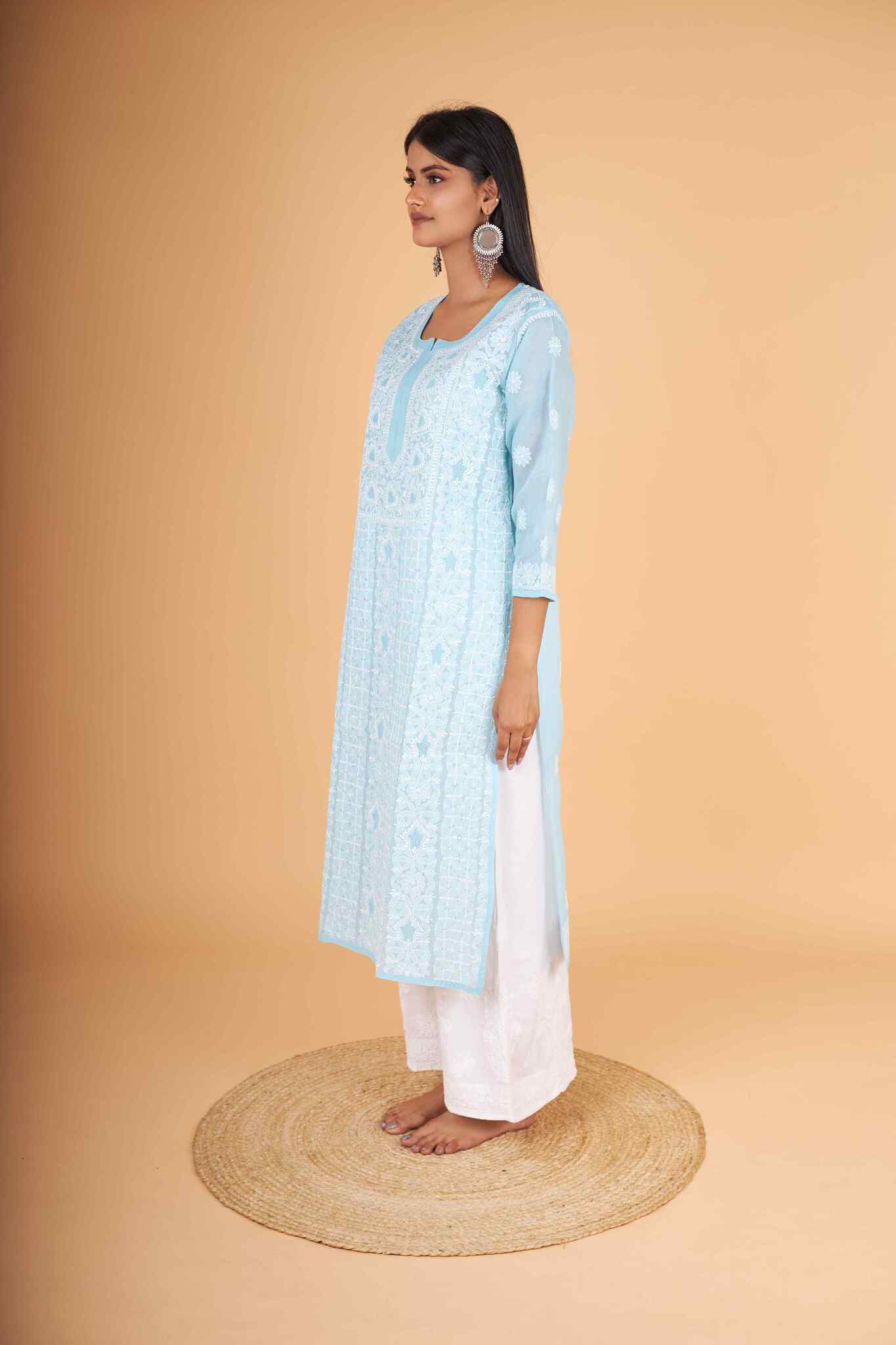 Arsh Handcrafted Blue Front Jaal with handmade Jaali Chikankari Kurti - Image 3