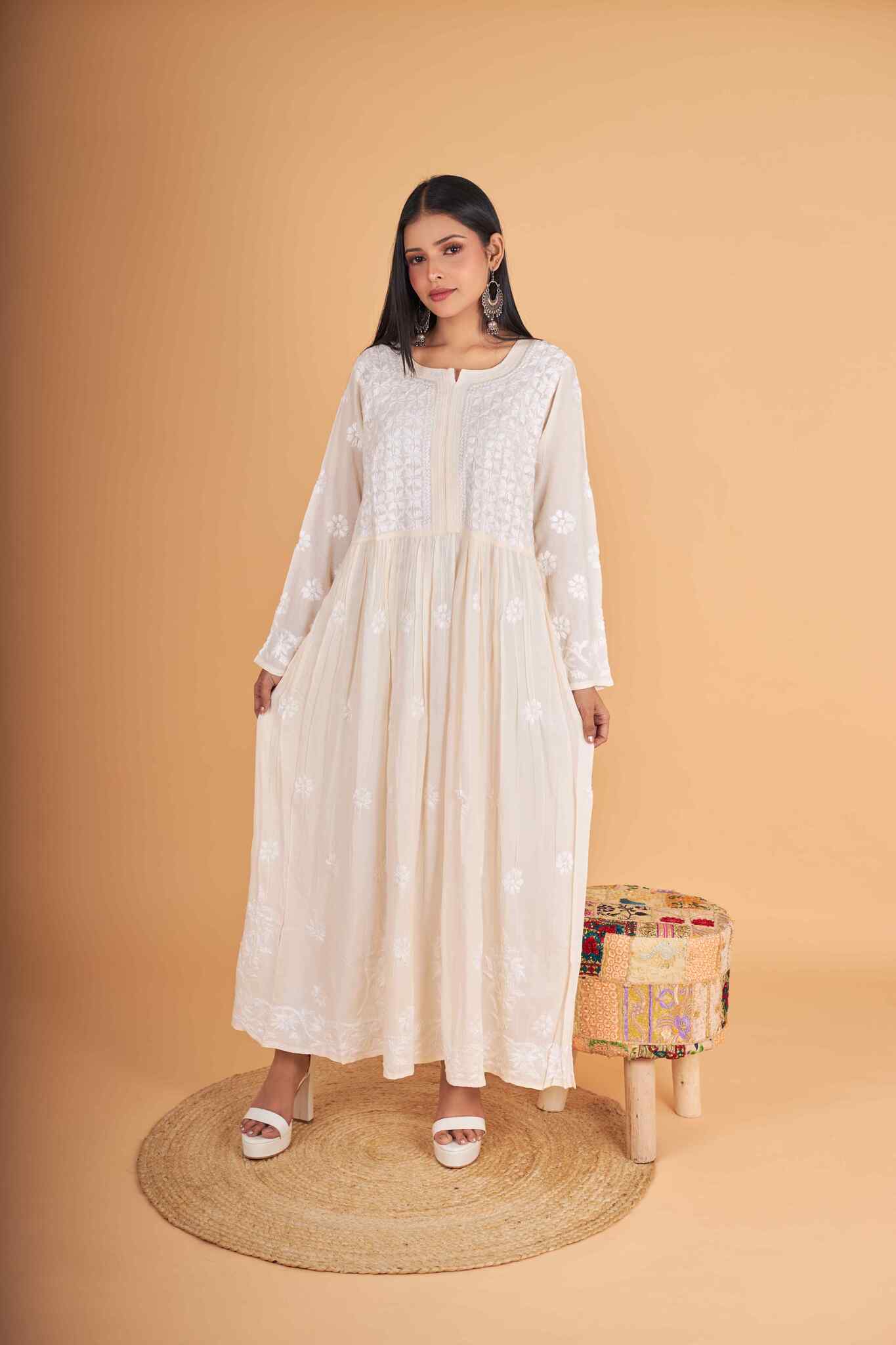 Arsh Handcrafted Cream Modal Chikankari Gown Dress - Image 2