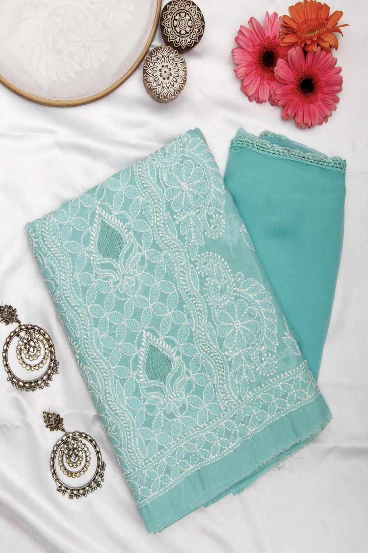Arsh Handcrafted Firozi Panel Jaali Cotton Unstitched 3pc Suit - Image 2