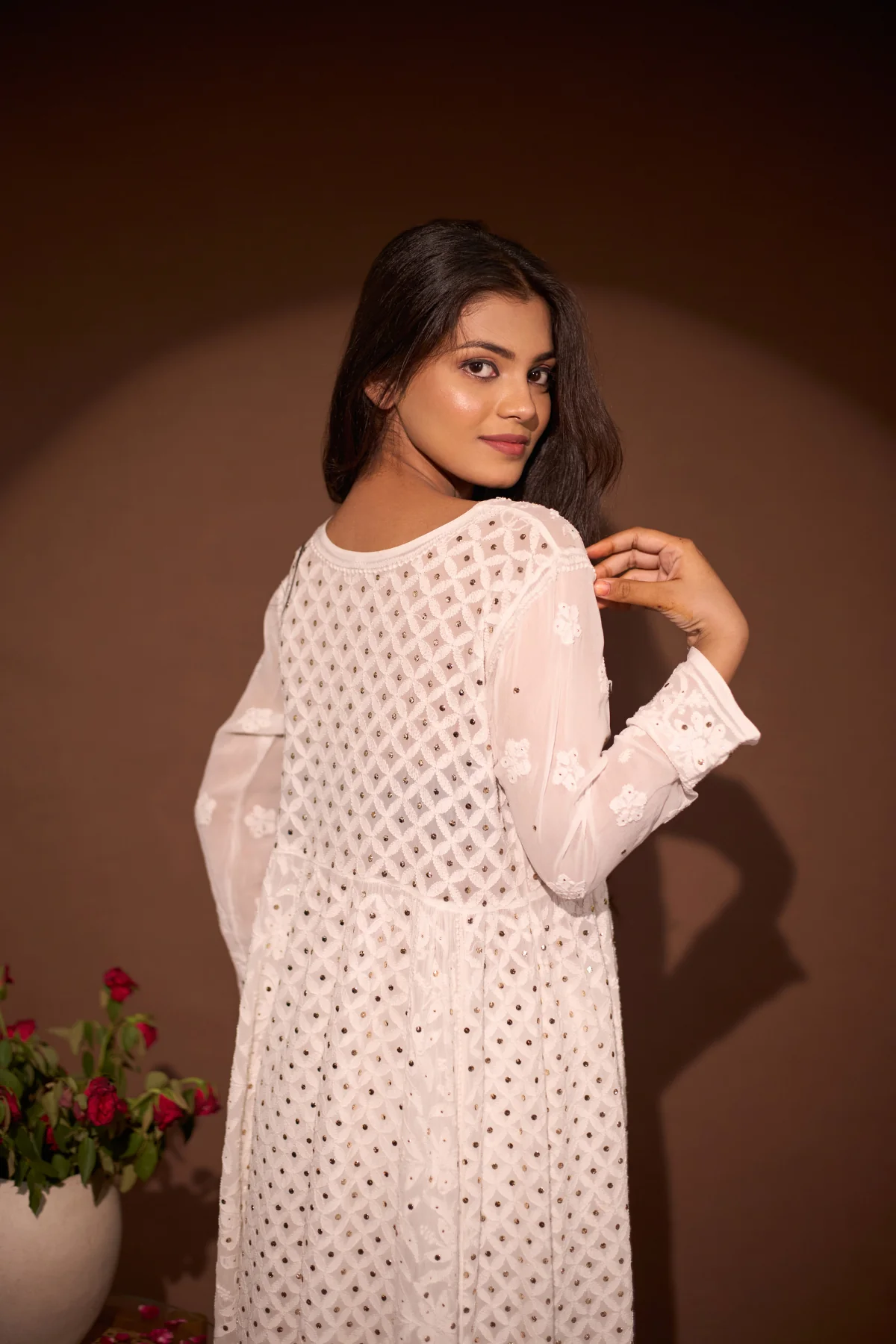 Arsh Handcrafted Front Open White Chikan Anarkali - Image 3