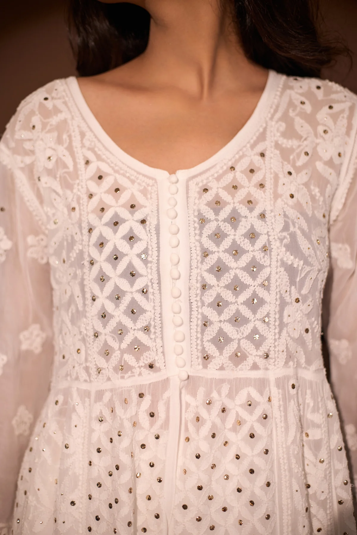 Arsh Handcrafted Front Open White Chikan Anarkali - Image 5