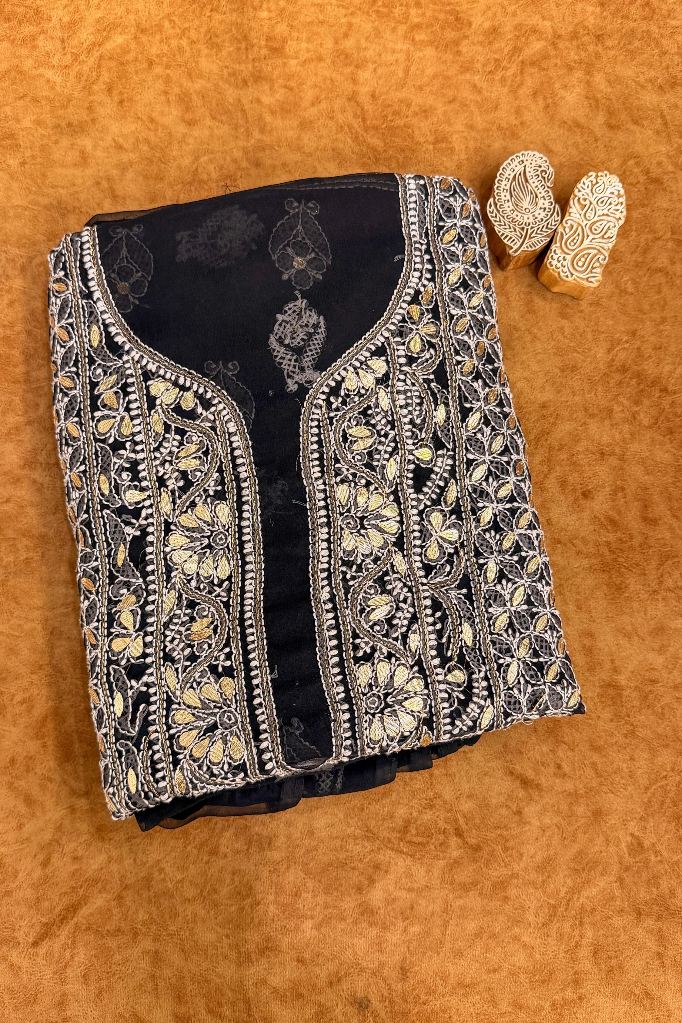 Arsh Handcrafted Black Semi Georgette Unstitched Gota Patti Chikankari 3pc Suit