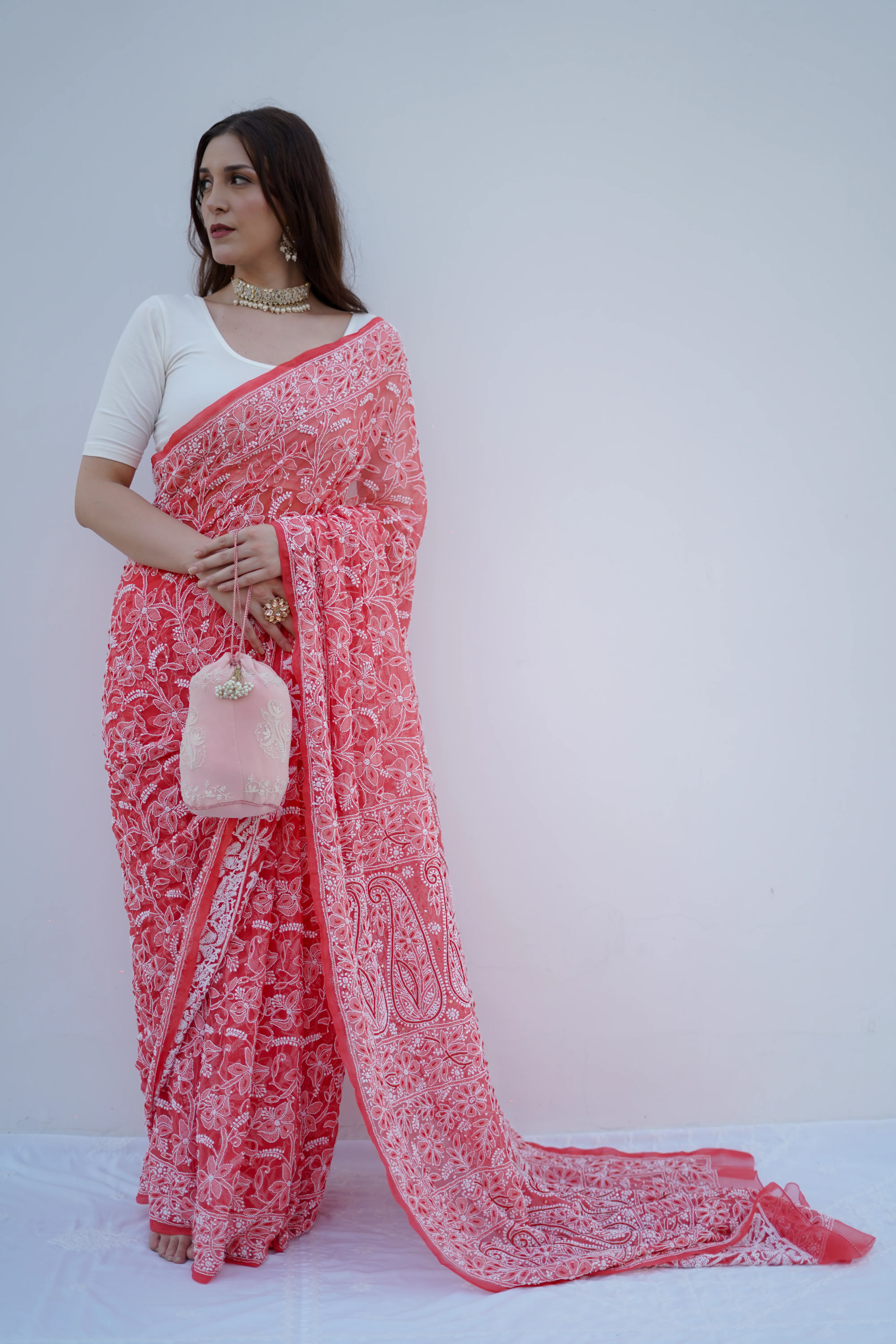 Arsh Handcrafted Georgette All Over Chikan Fancy Zari Addon Embroidered Saree - Image 4