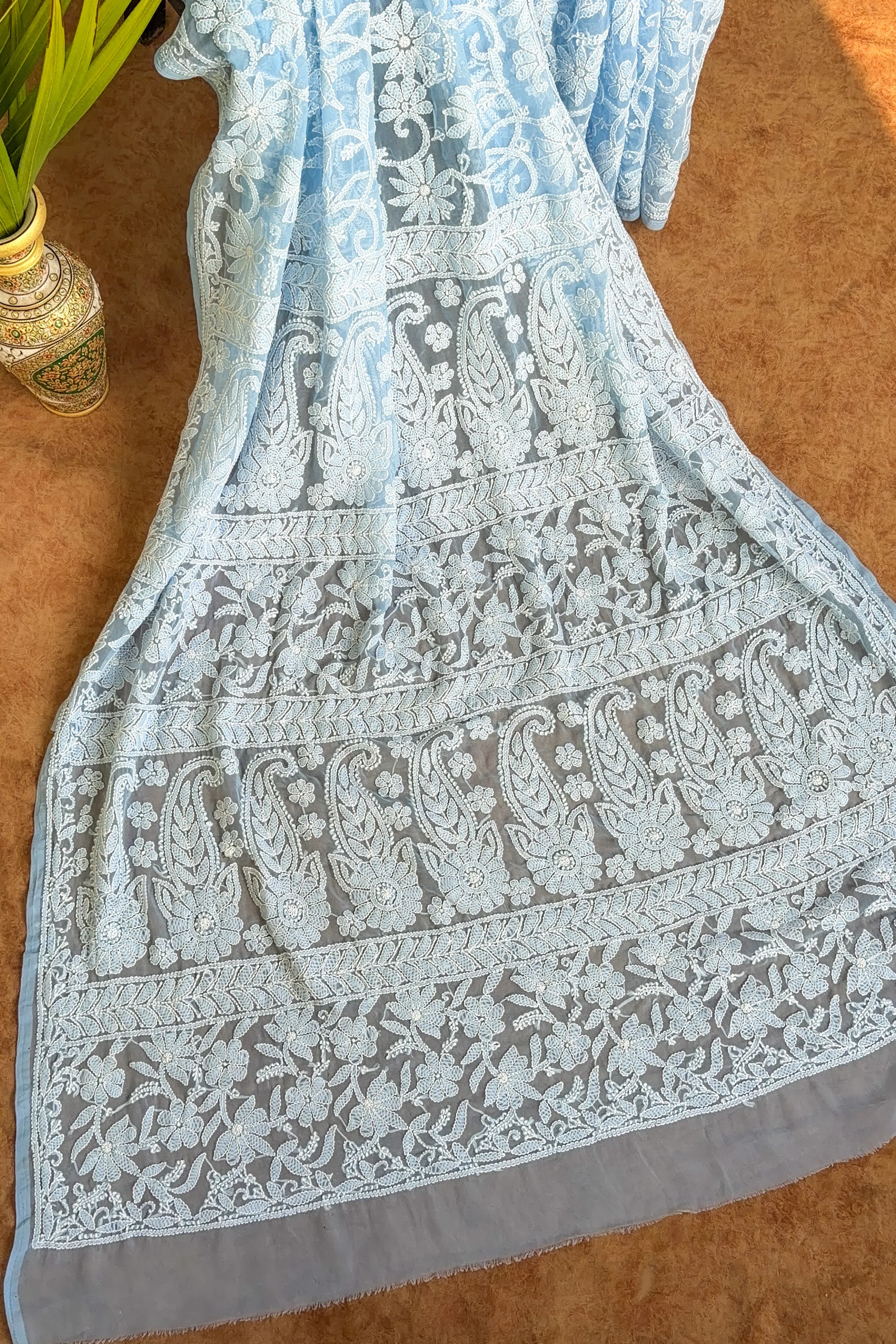 Arsh Handcrafted Georgette All Over Chikan Powder Blue Embroidered Saree - Image 6