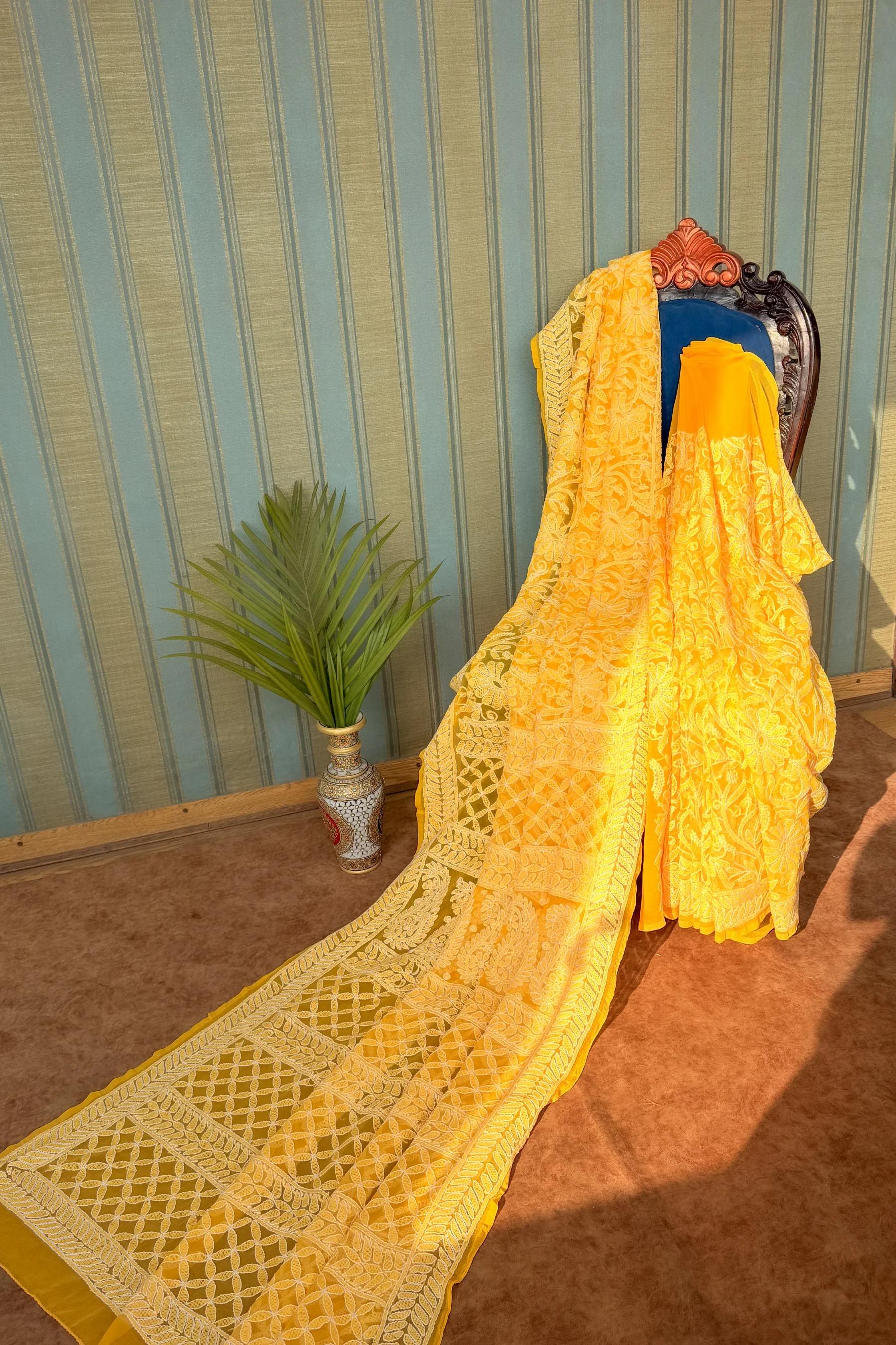 Arsh Handcrafted Georgette All Over Chikan Yellow Embroidered Saree