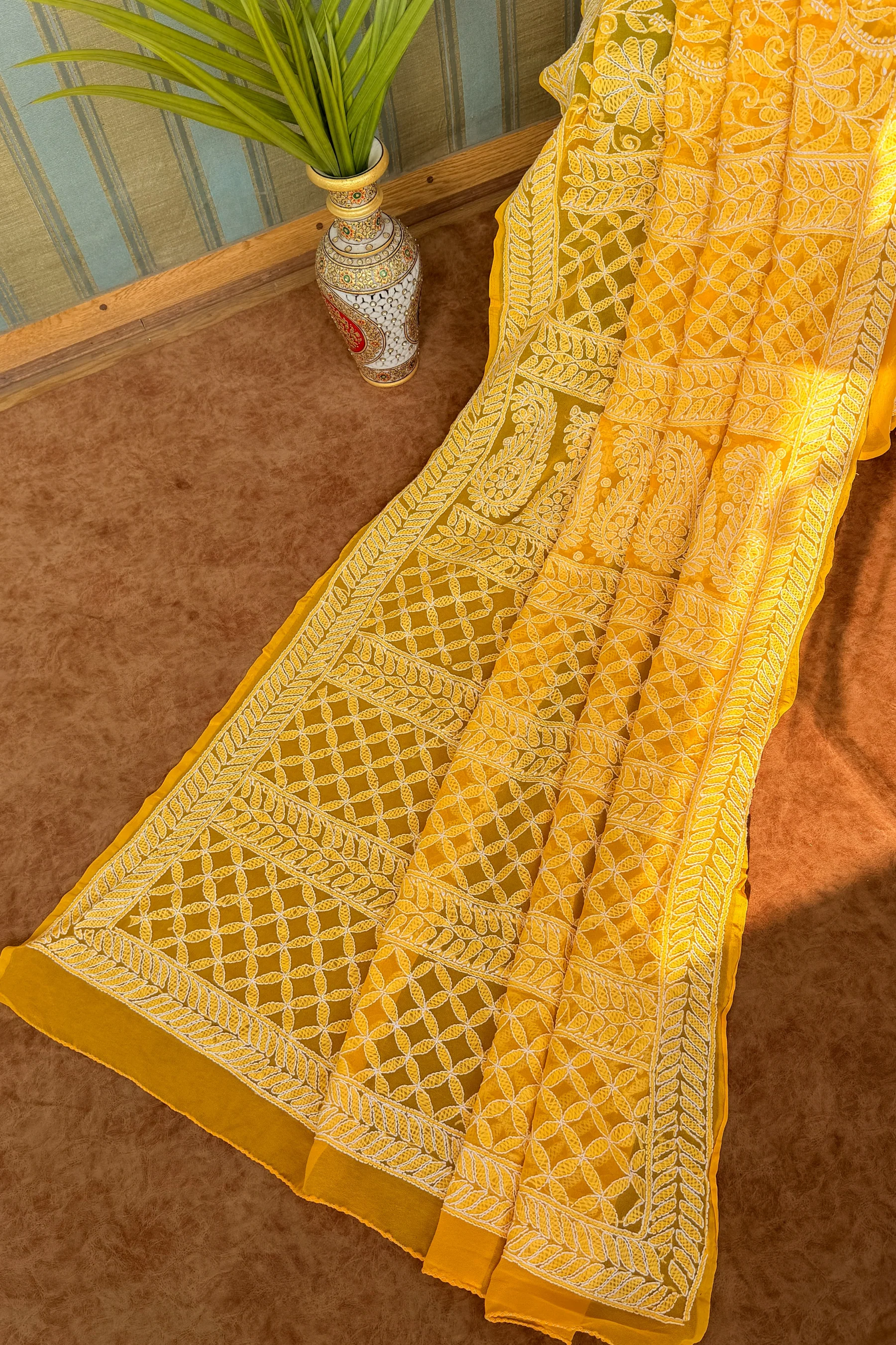 Arsh Handcrafted Georgette All Over Chikan Yellow Embroidered Saree - Image 4