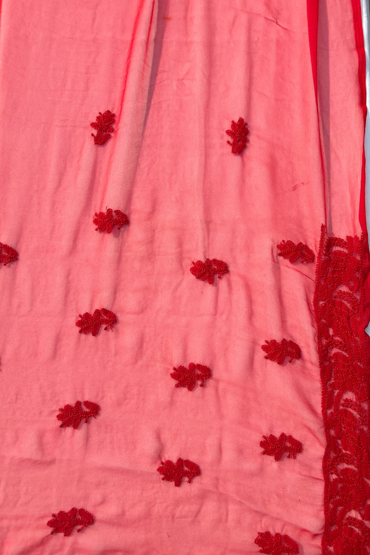 Arsh Chikan Hand Embroidered Red On Red Chikan Kurti Piece. - Image 4