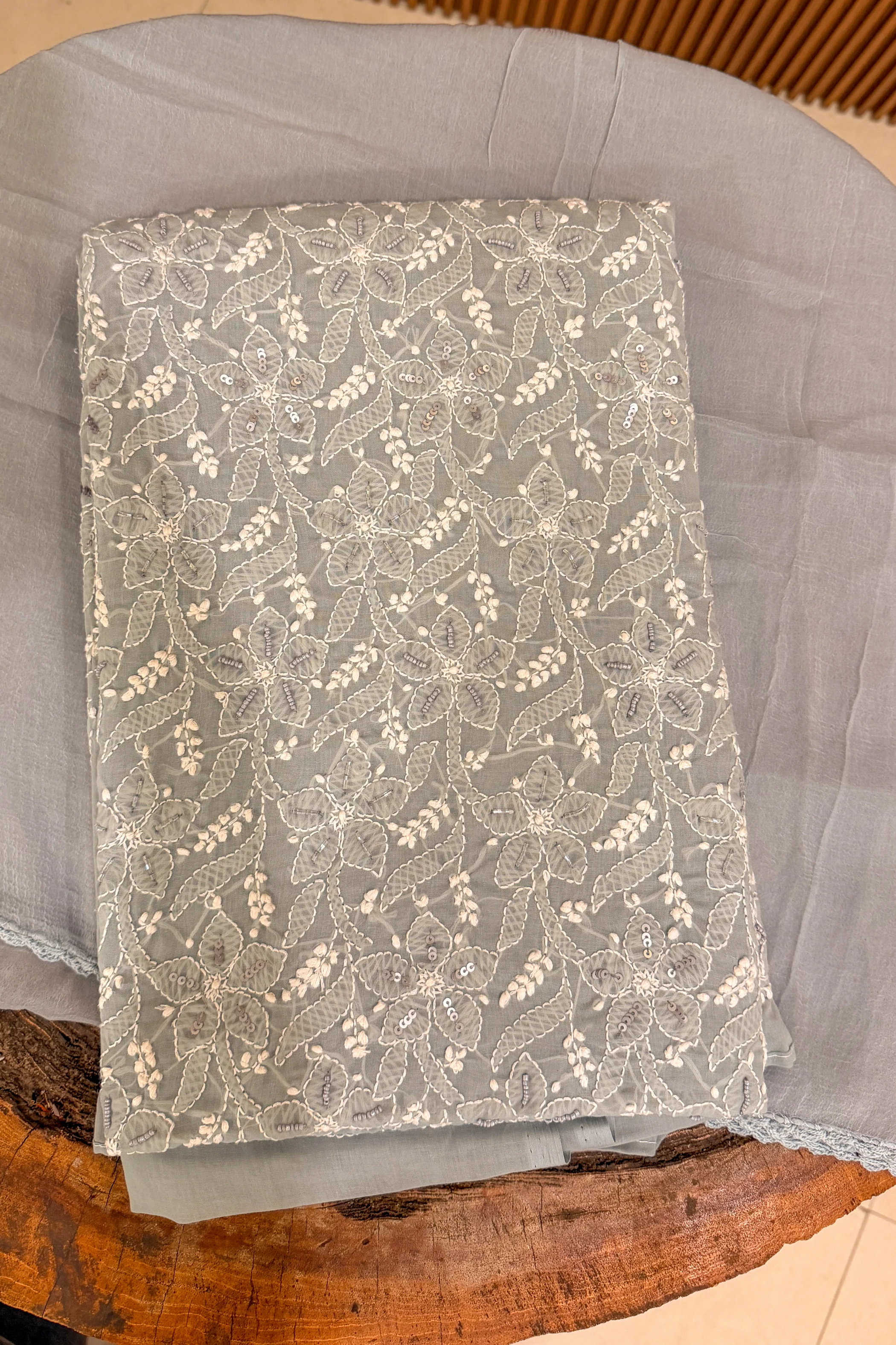 Arsh Handcrafted Grey Cotton Unstitched Chikankari Front Jaal 3pc Suit