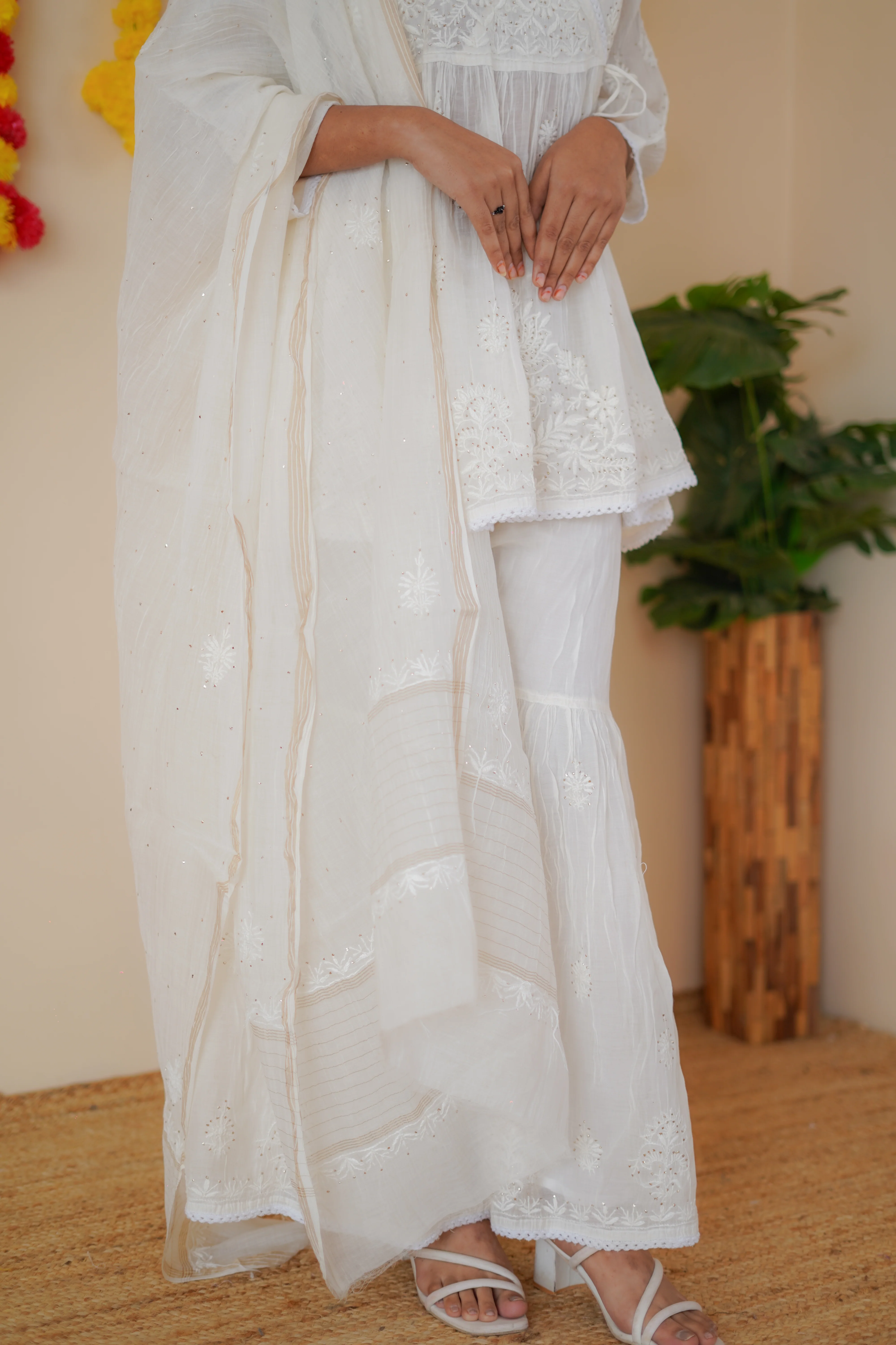 Arsh Handcrafted Kurti, Plazzo and Dupatta 3 pc Mul Chanderi Mukesh Chikan Garara Set - Image 3