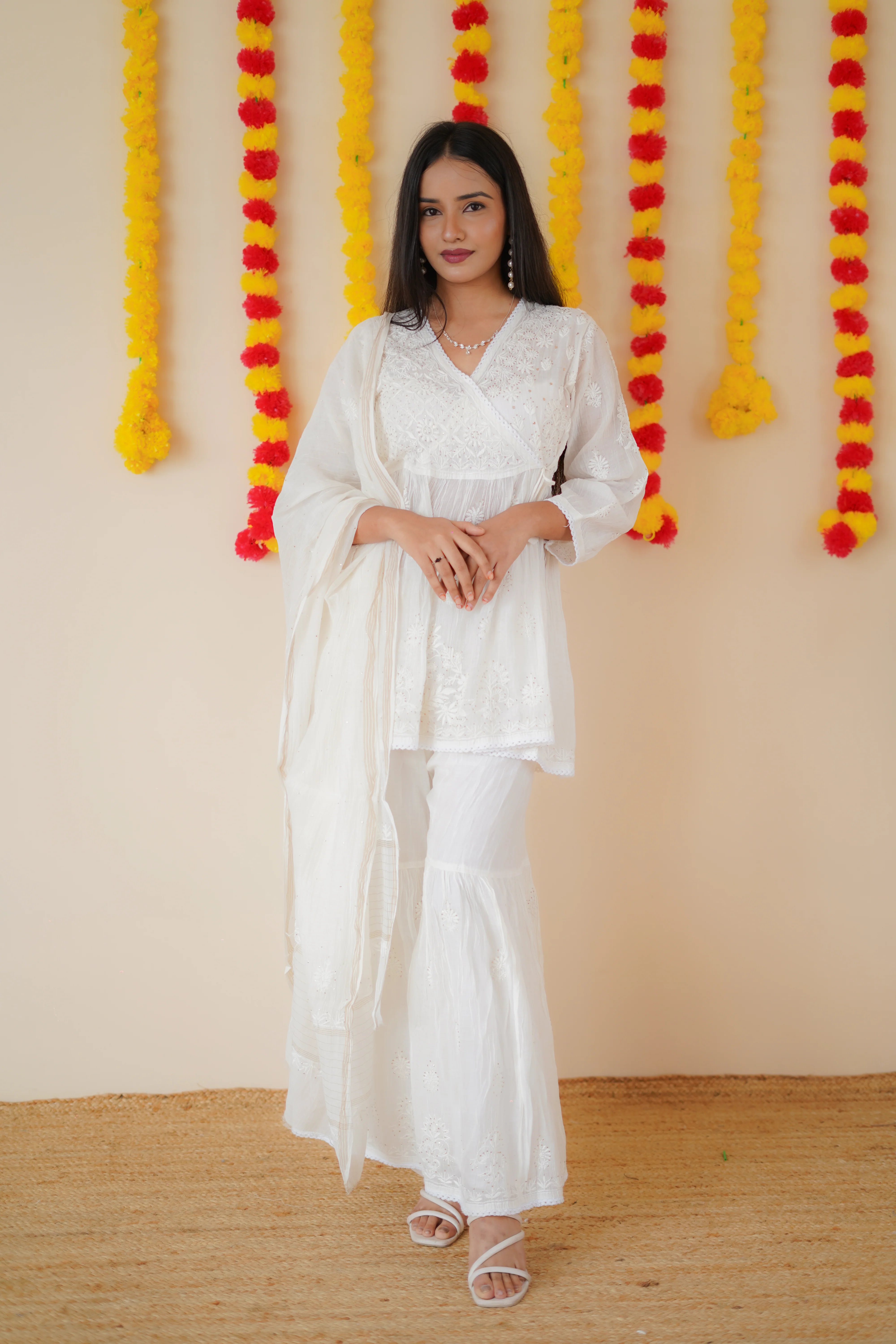 Arsh Handcrafted Kurti, Plazzo and Dupatta 3 pc Mul Chanderi Mukesh Chikan Garara Set - Image 5
