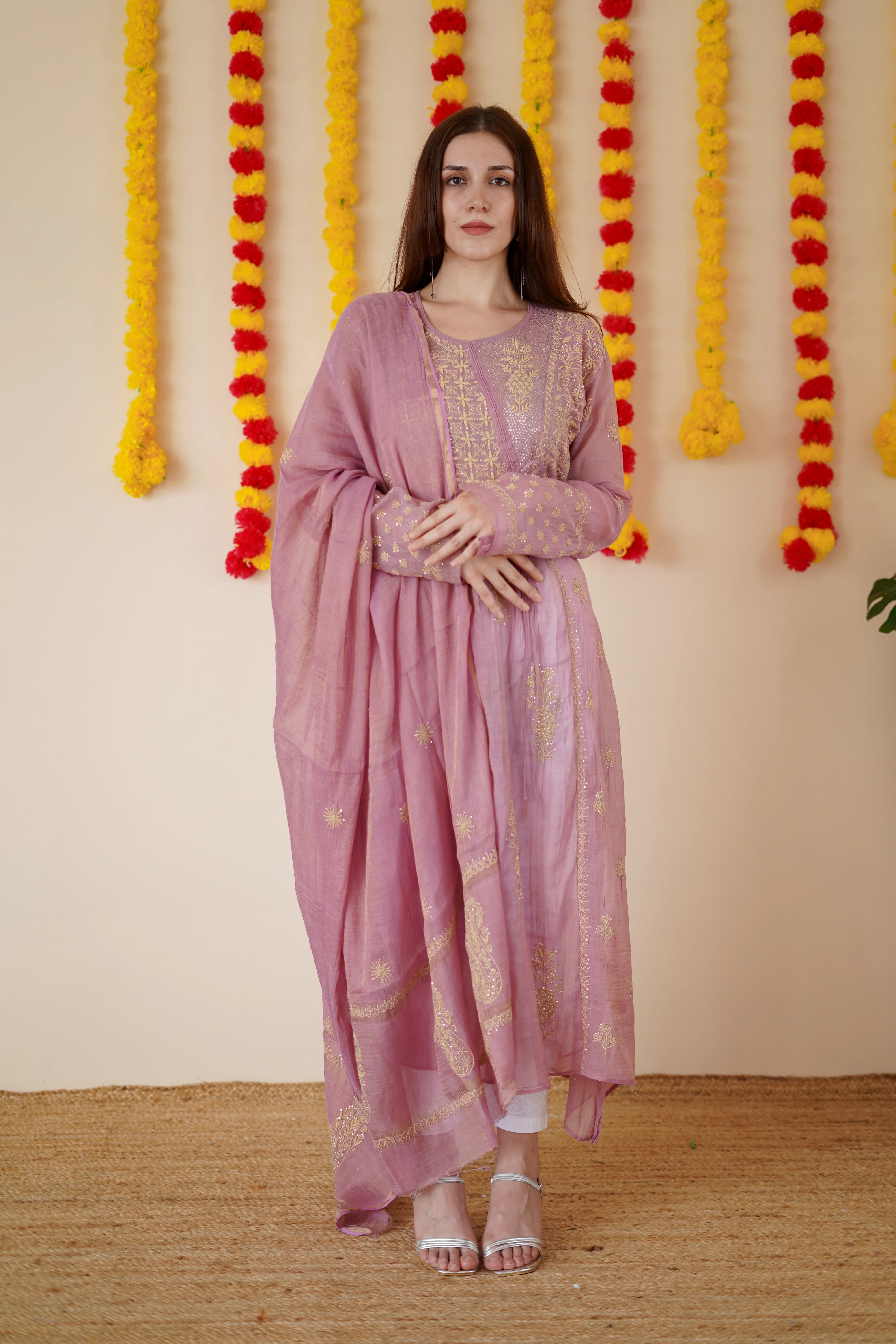 Arsh Handcrafted Angarkha and Dupatta Semi Stitched set with golden muqaish embroidery - Image 2