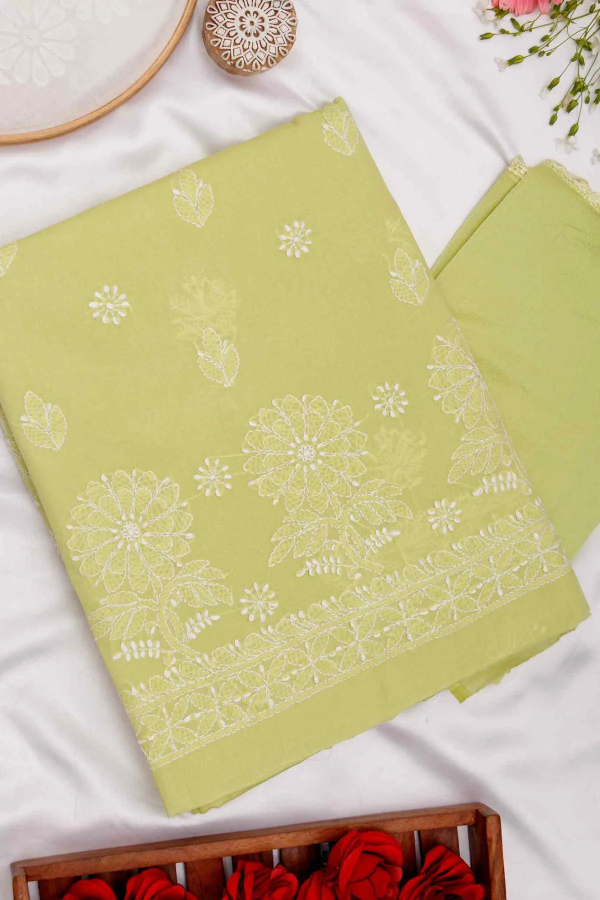 Arsh Handcrafted Light Green Cotton Unstitched Chikankari 3pc Suit