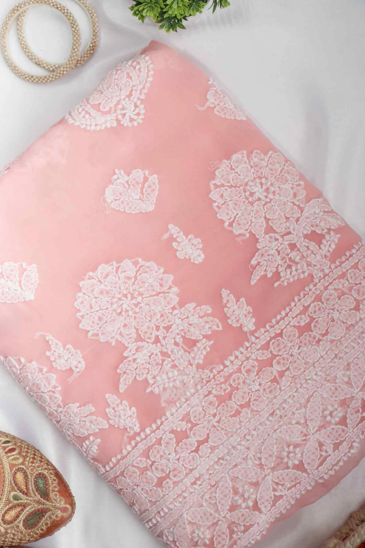 Arsh Handcrafted  Light Peach Georgette Unstitched Chikankari 3pc Suit - Image 3