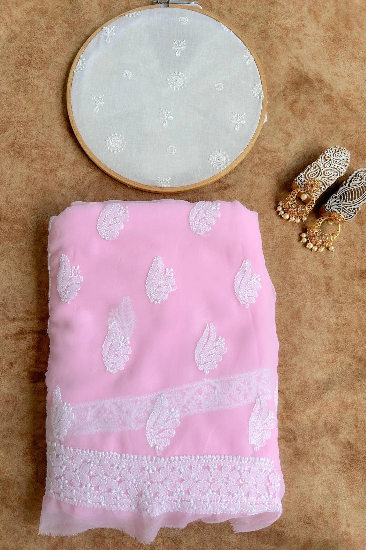 Arsh Handcrafted Pink Georgette Unstitched Chikankari 3pc Suit - Image 3